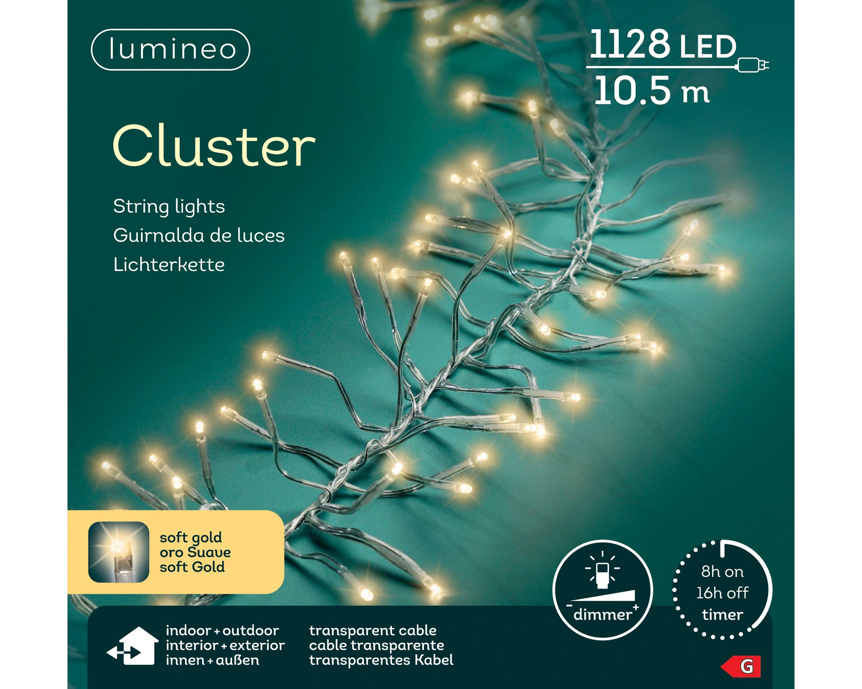 Lumineo LED-Lichterkette Lumineo, Lichterkette CLUSTER 1128 LED 10,5 m Soft Gold, transp. Kabel, Indoor/Outdoor, dimmbar, 8h-Timer, + 5 m Zuleitung