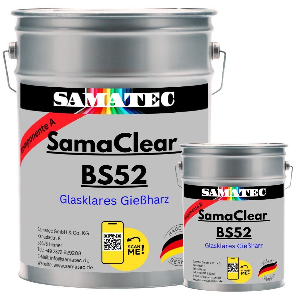 Samatec Harzfarbe glasklares Gießharz BS52 River-Table inkl. VSK, UV-stabil, kratzfest, polierbar, hochverfüllbar, stabil, glasklar