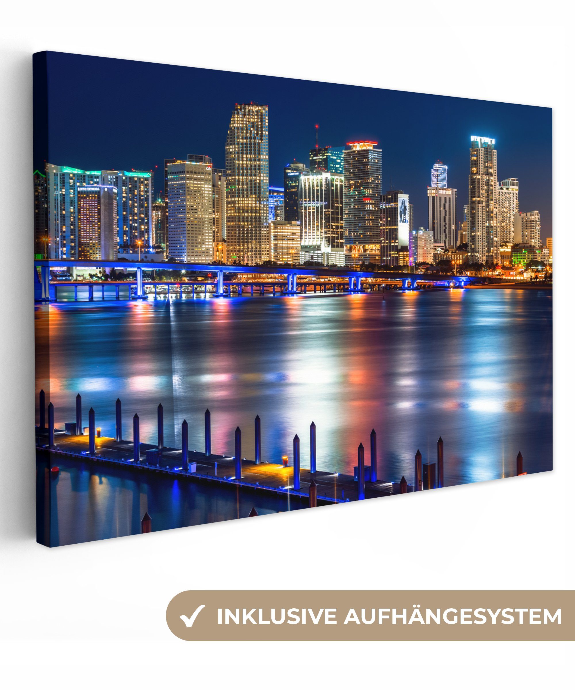 OneMillionCanvasses® Leinwandbild Skyline - Miami - Amerika, Fotodruck (1 St), Leinwand Bilder Klein, Wand Dekoration Aesthetic 30x20 cm
