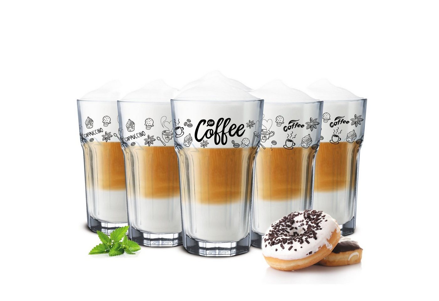 Sendez Latte-Macchiato-Glas 6 Kaffeegläser 300ml Latte Macchiato Gläser Cocktailgläser Caipirinha, Mit Löffel