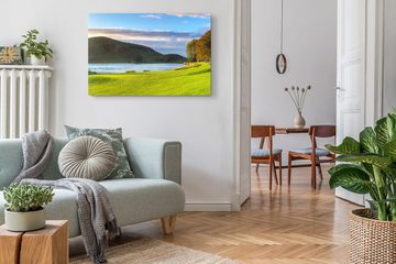 Sinus Art Leinwandbild 120x80cm Wandbild auf Leinwand Natur See Berge grüne Wiese Landschaft, (1 St)