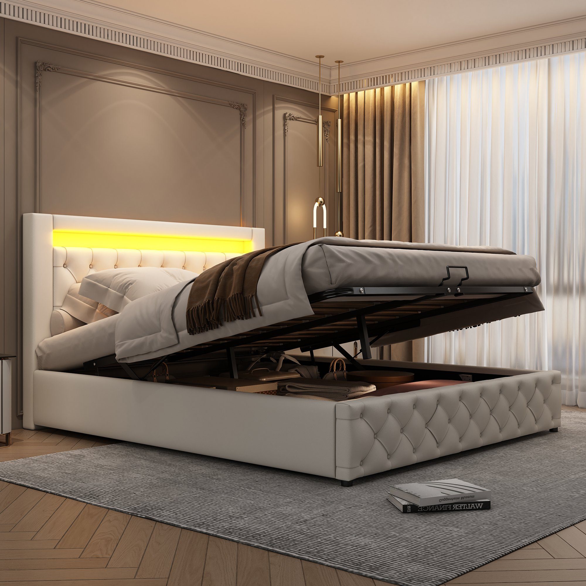 Boxspringbett (Hydraulisches Bett 140x200cm mit Bettkasten), Polsterbett mit LED-Beleuchtung, Kunstleder, weiches Kopfteil