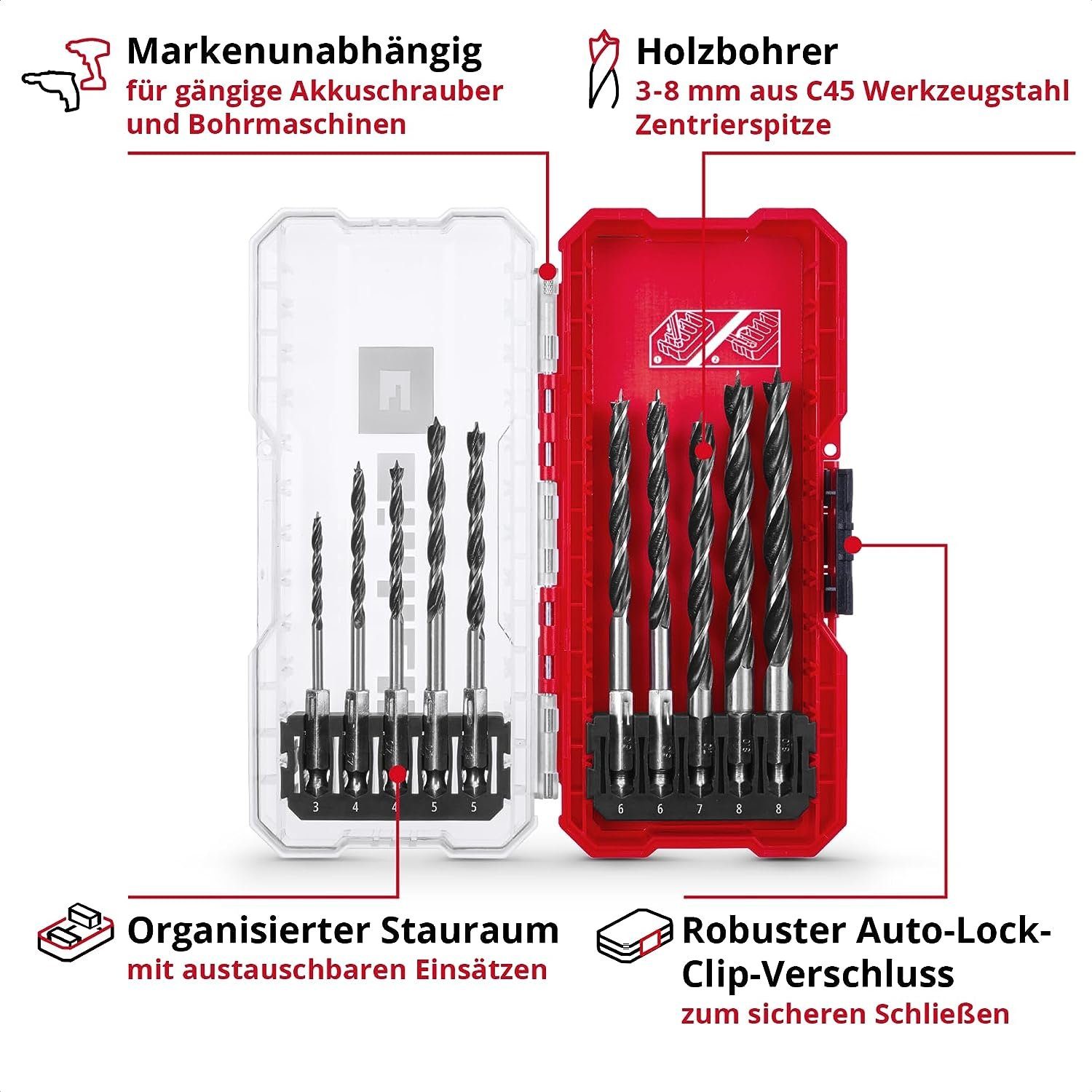 Einhell Bohrer- und Bitset Original Einhell S-CASE 10-tlg. Holzbohrer-Set (zweispiralig, aus roll, 10-St., S-CASE 10-tlg. Holzbohrer-Set, zweispiralig, aus C45 Werkzeugstahl