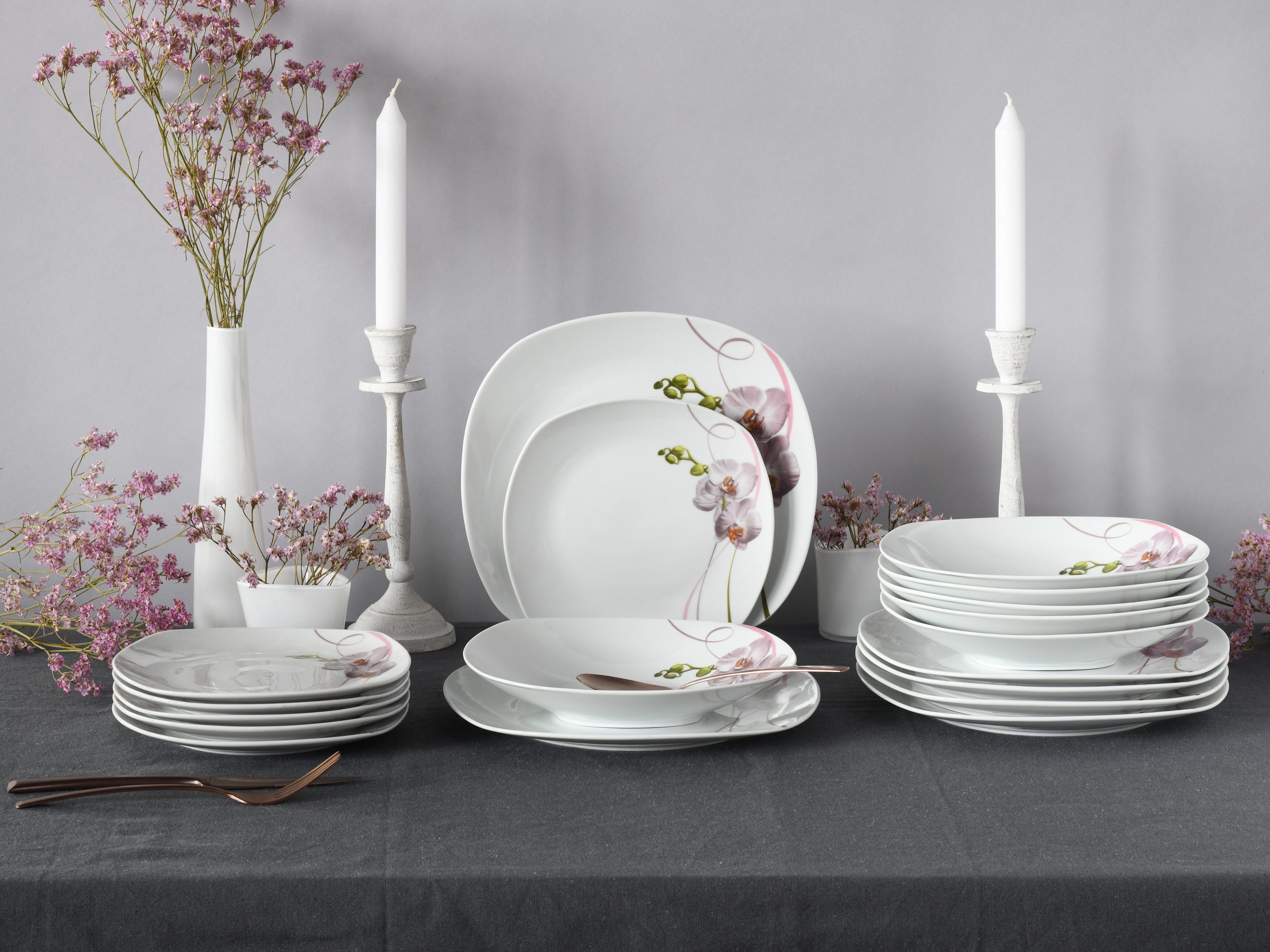 CreaTable Teller-Set Square Orchidee, Teller Set 18-tlg (18-tlg), 6 Personen, Porzellan, Fotorealistische Darstellung