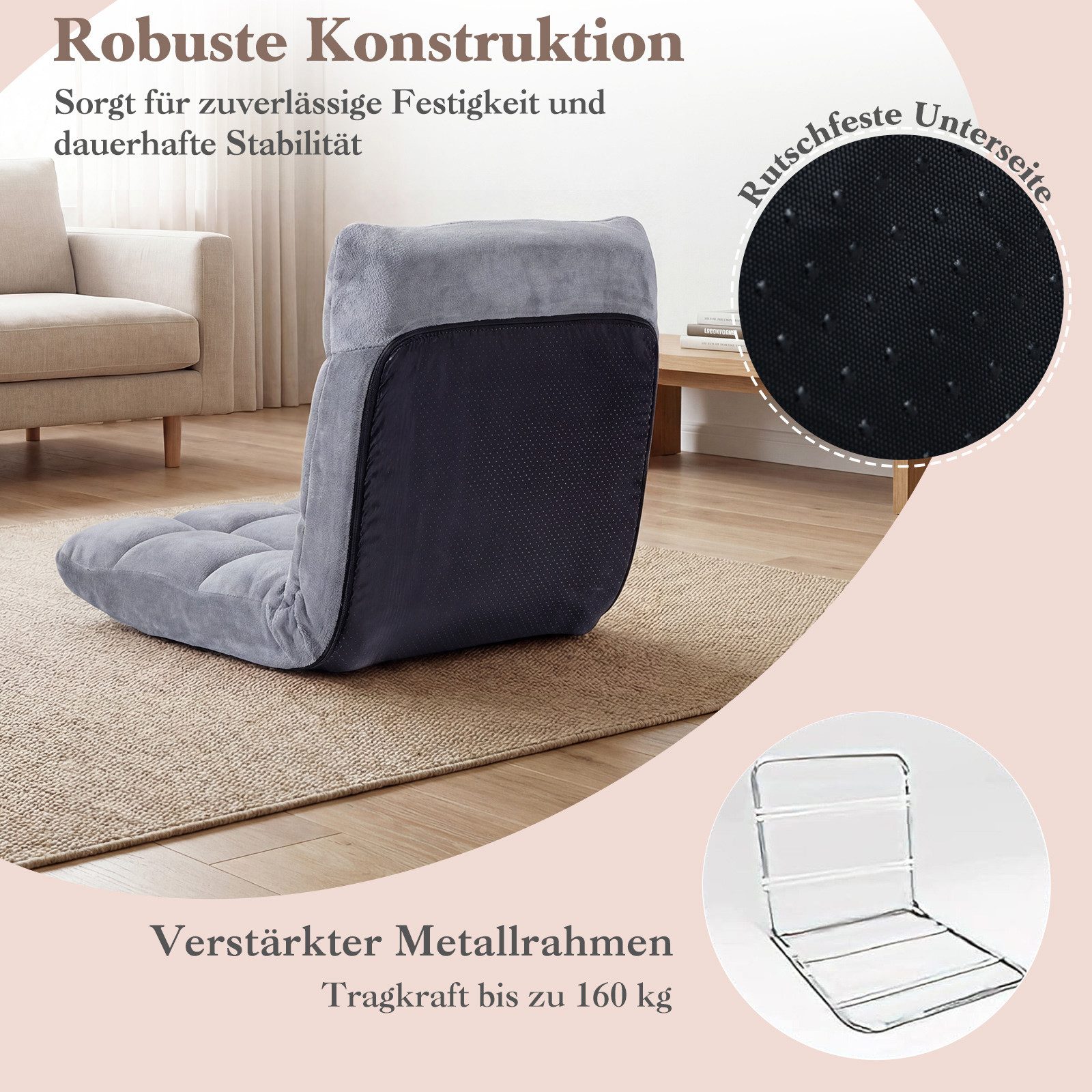 COSTWAY Relaxsessel Bodenstuhl mit verstellbarer Rückenlehne, faltbar gepolstert – Bild 5 von 5