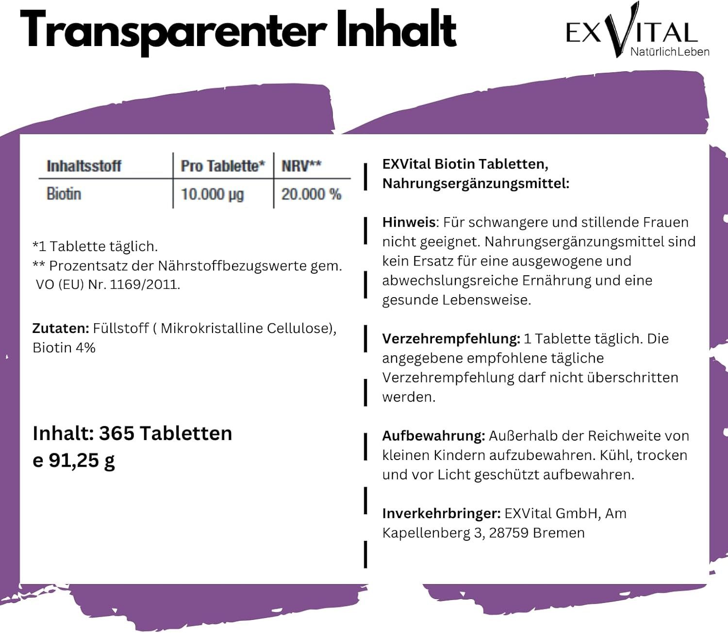Biotin Tabletten 10.000 µg für Haare, Haut und Fingernägel Tabletten, 91,25 g