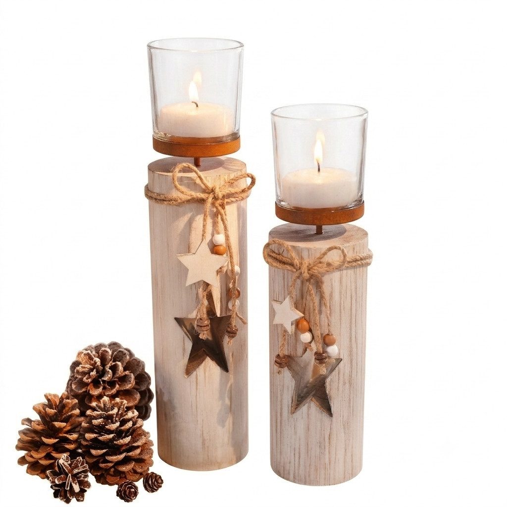 Home-trends24.de Windlicht Teelichthalter Sterne Säule Deko Weihnachten Tisch 2er-Set
