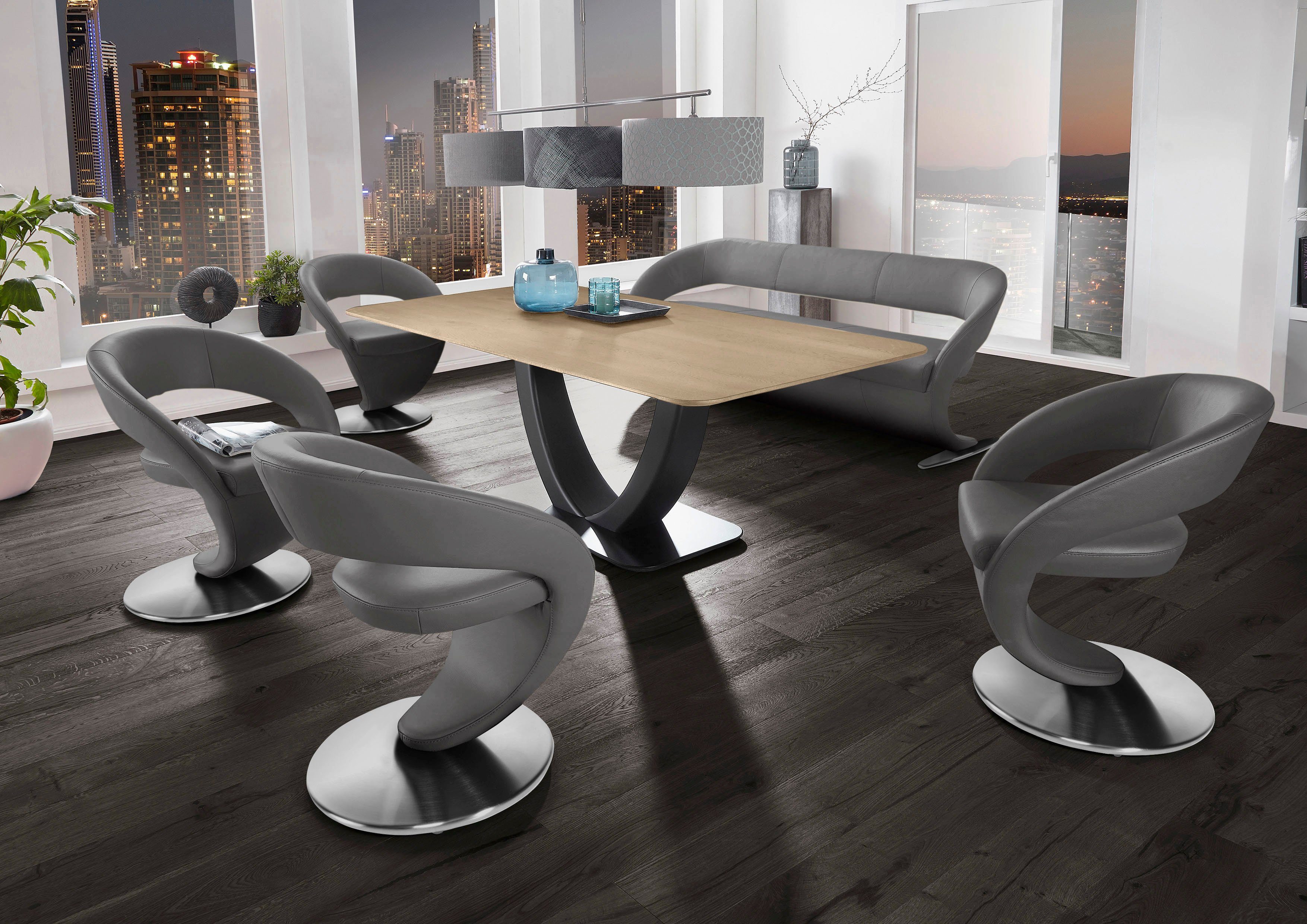 K+W Komfort Essgruppe (Set), Wave, Wohnen 180x90cm mit in & Design-Solobank Design-Drehstühlen Tisch und 4