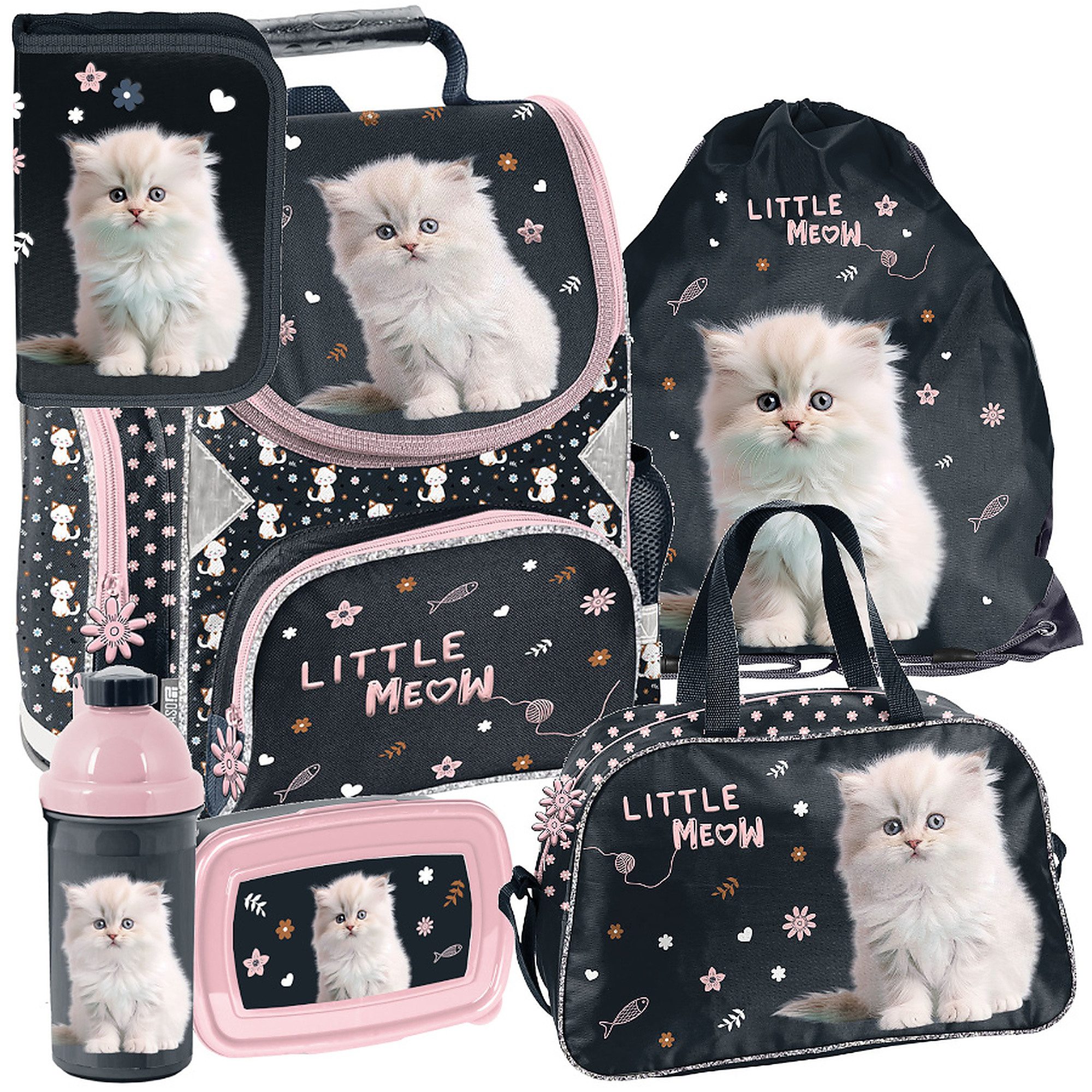 PASO Schulrucksack Mega-Set Little Meow Kätzchen Schulset 6-tlg. (Rucksack + Turnbeutel + Federmäppchen + Lunchbox + Trinkflasche + Sporttasche, 6-tlg)