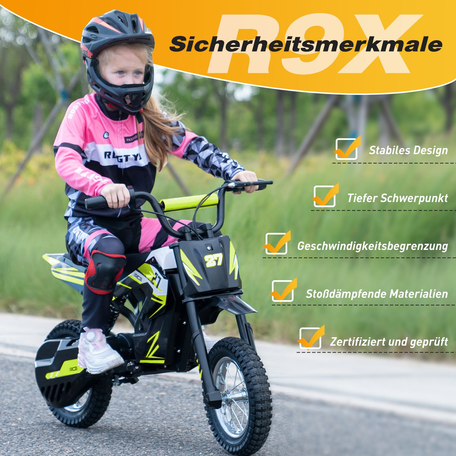 RCB TECH Elektro-Kindermotorrad R9X,3 Geschwindigkeitsmodus,Max 25km/h,Reichweite 15 km, 12"Luftreifen, Belastbarkeit 65 kg, 8km/h, 12km/h, 25km/h
