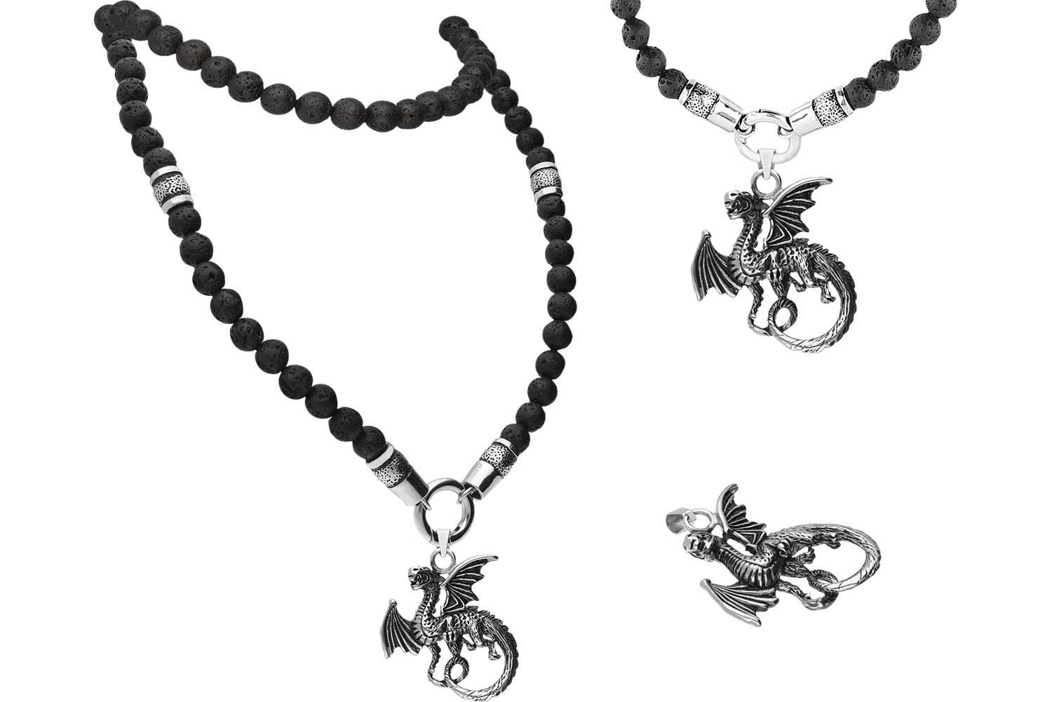FILANGO Gliederkette SET Lavastein Kugelkette + Chirurgenstahl Kettenanhänger DRACHE (Ketten)