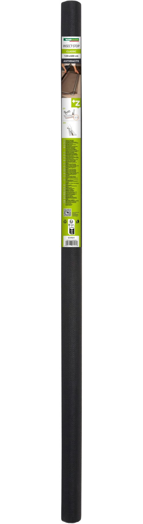 Windhager Fliegengitter-Gewebe für Fenster und Türen, Insektenschutz engmaschig aus Fiberglas, (Packung, 1-St), Moskitonetz ohne bohren, 120 x 600 cm, anthrazit