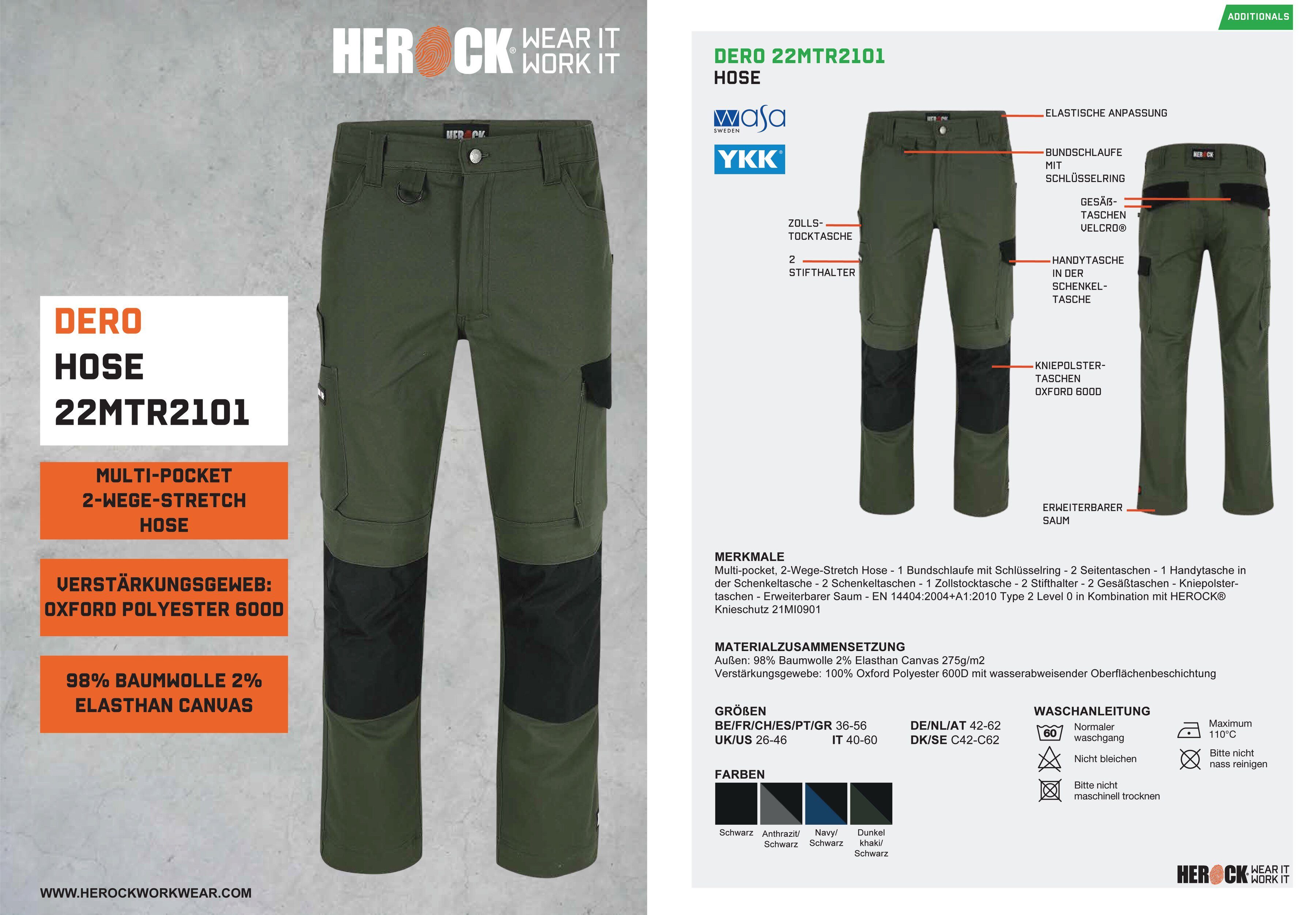 Herock Arbeitshose DERO Slim Fit Passform, khaki 2-Wege-Stretch, Multi-Pocket, wasserabweisend