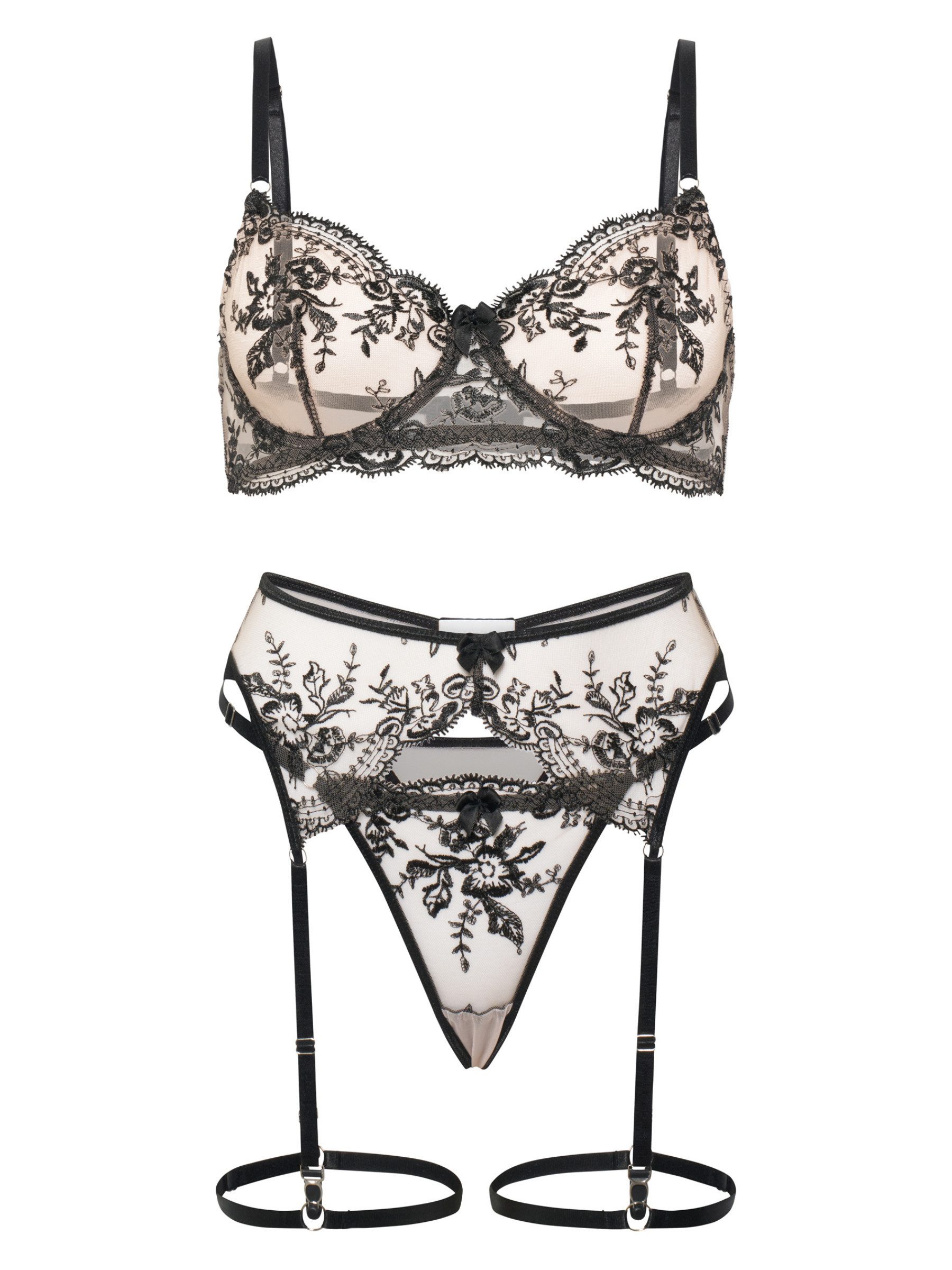 Elegant Love Set: Bügel-BH Sexy Dessous Set mit Strumpfhalter, bestickter BH-Set, Lingerie-Set (Set, 3-tlg., Spitze Bralette BH + G-String Tanga + Strumpfgürtel) Elegante Reizwäsche, Damenunterwäsche aus Mesh