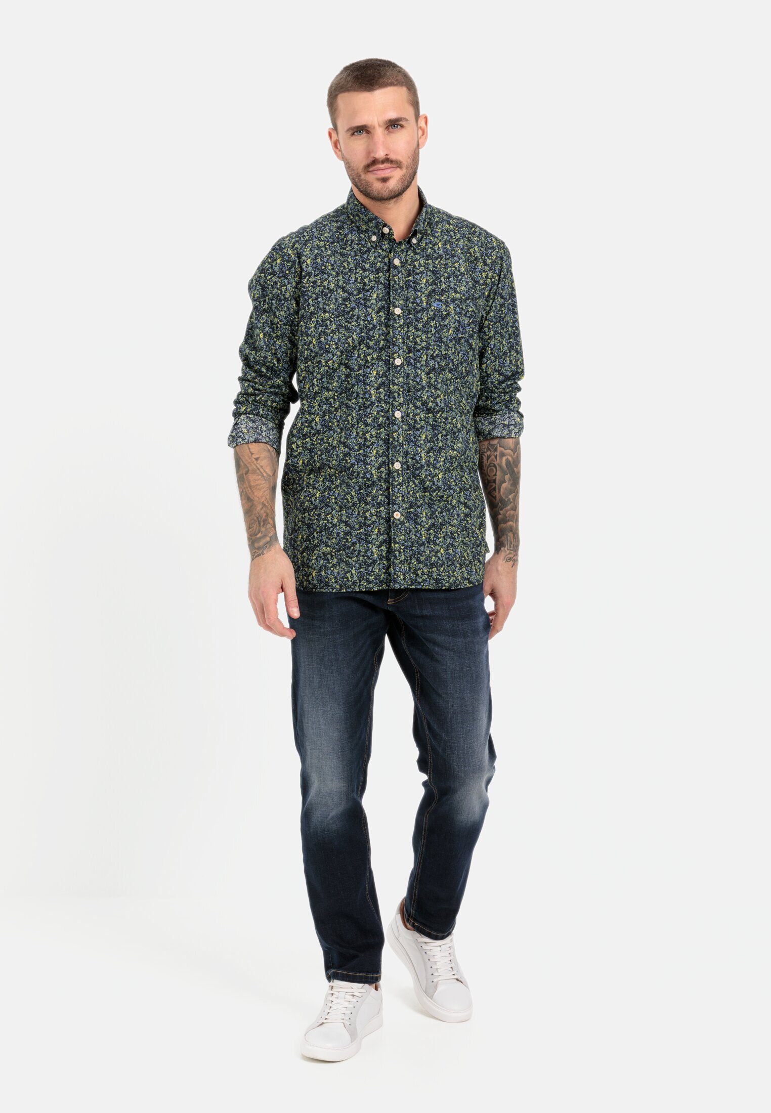 camel active Langarmhemd mit Allover-Print Langarm Button-Down Button-Down
