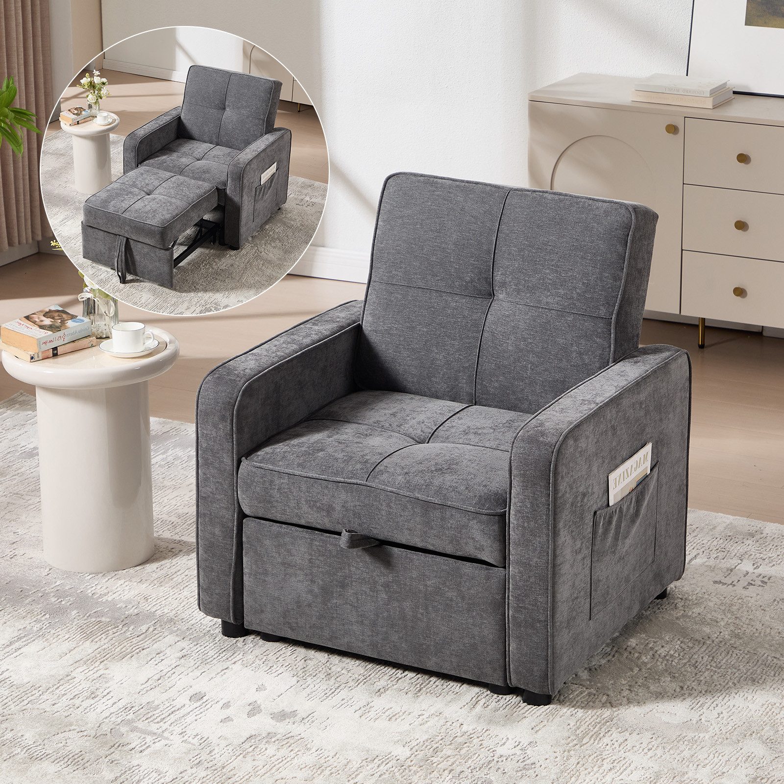 Bonzy Home Schlafsofa Einzelsofa mit Bettfunktion, Multifunktions Relaxsessel, 93*83*75cm, ausziehbares 1-Sitzer Couch, Bett Maximal 174 cm