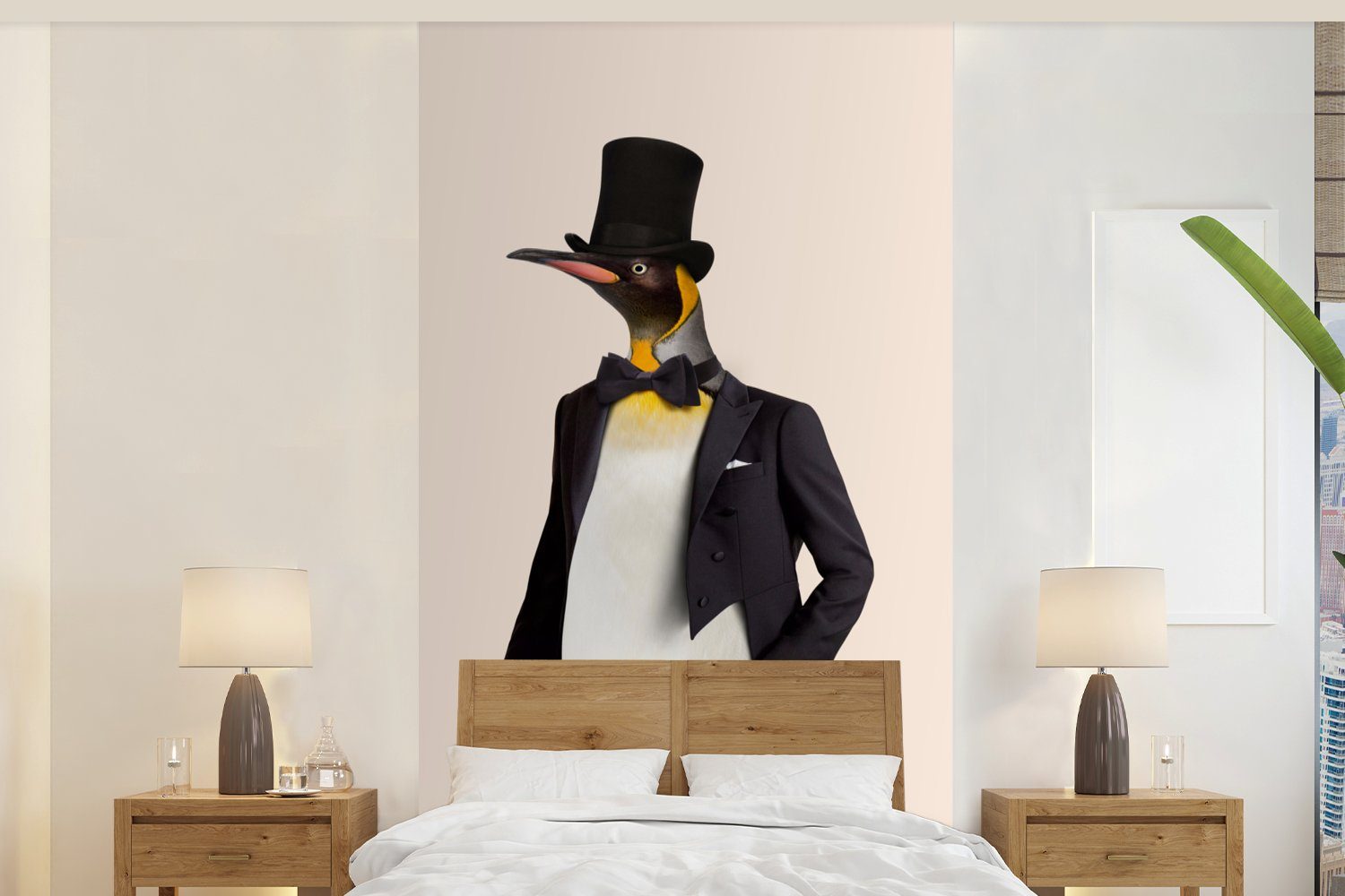 MuchoWow Fototapete Pinguin - Tier - Hut - Colbert - Schwarz, Matt, bedruckt, (2 St), Vliestapete für Wohnzimmer Schlafzimmer Küche, Fototapete