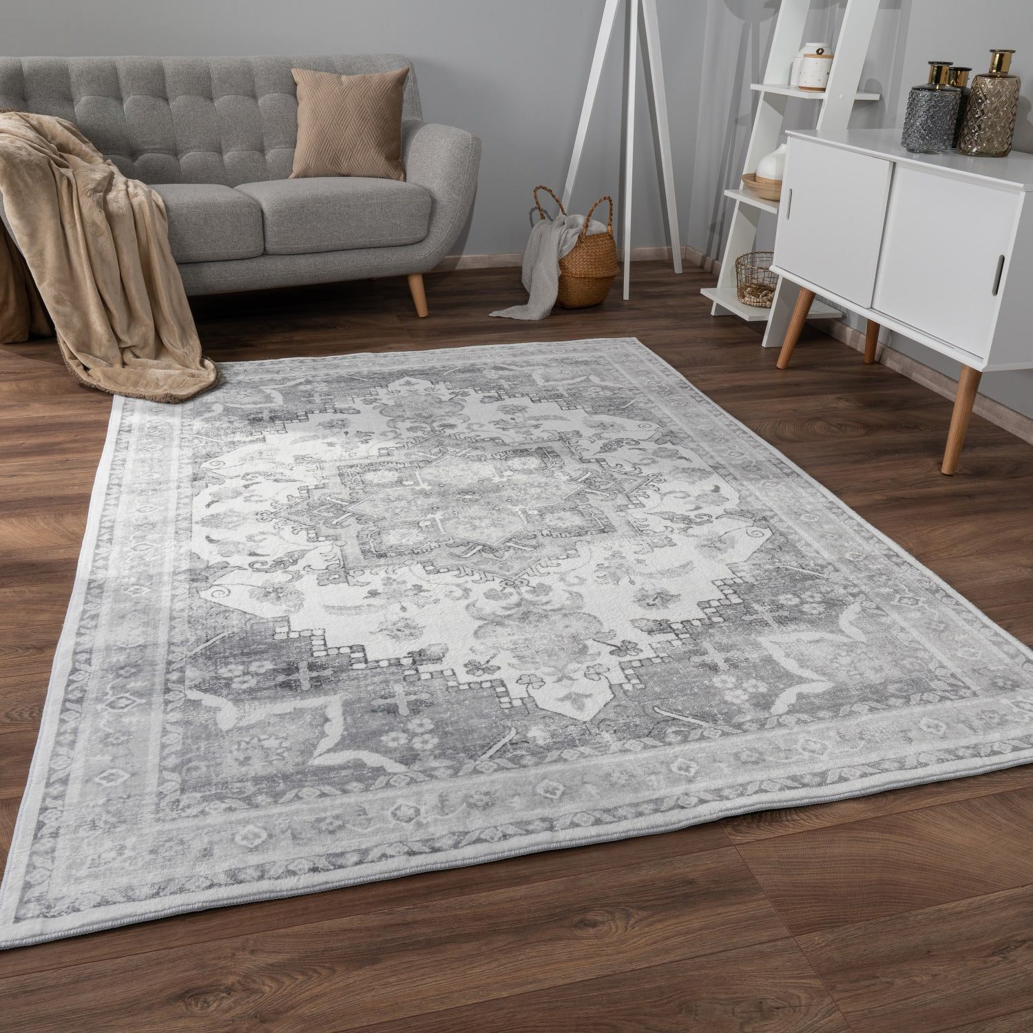 KADIMA DESIGN Teppich waschmaschinenwaschbar Orientalisch-Vintage Waschbarer Teppich, Läufer, Höhe: 12 mm, Florhöhe: 8 mm, 100% Polyester, Rechteckig, 80x150cm, Grau