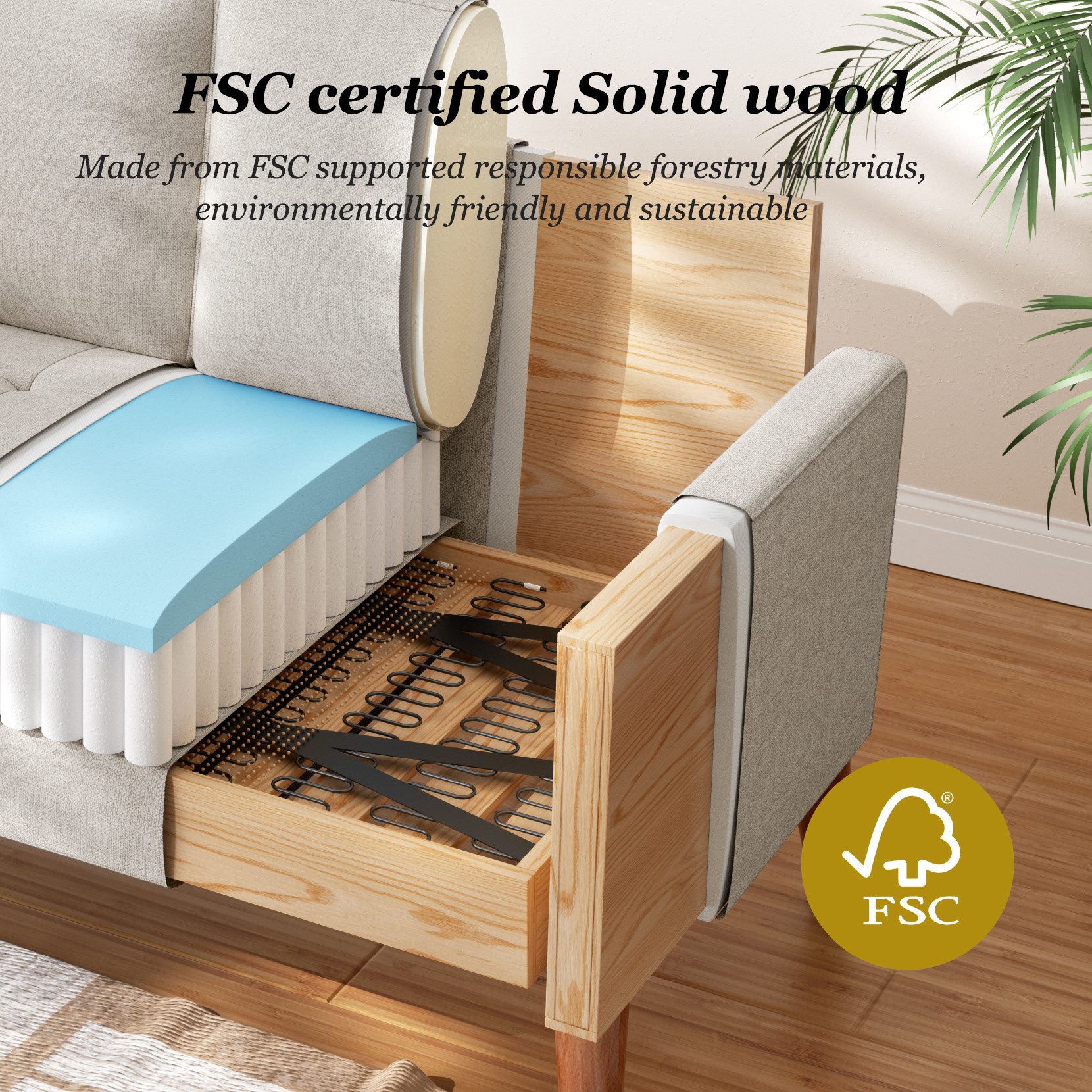 OUNUO Sofa 121cm Kleines Loveseat Sofa Couch aus Samt und Leinen mit 2 Zierkissen – Bild 5 von 5