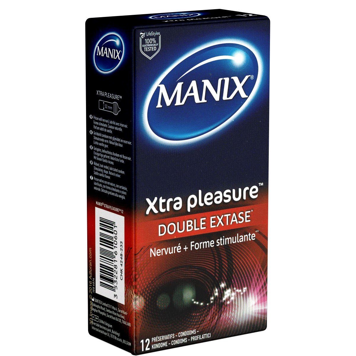 Manix Kondome Xtra pleasure - Double Extase (stimulierend & aktverlängernd) Packung mit, 12 St., aktverlängernde Kondome mit einzigartiger Formgebung