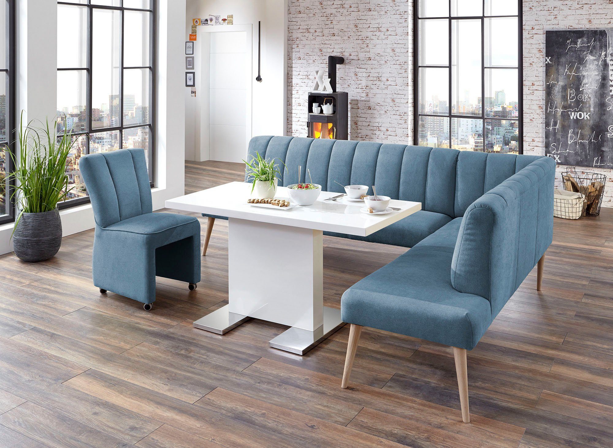 exxpo - sofa fashion Eckbank Costa, moderne Rückensteppung, bequem und elegant, hoher Holzfuß, Frei im Raum stellbar