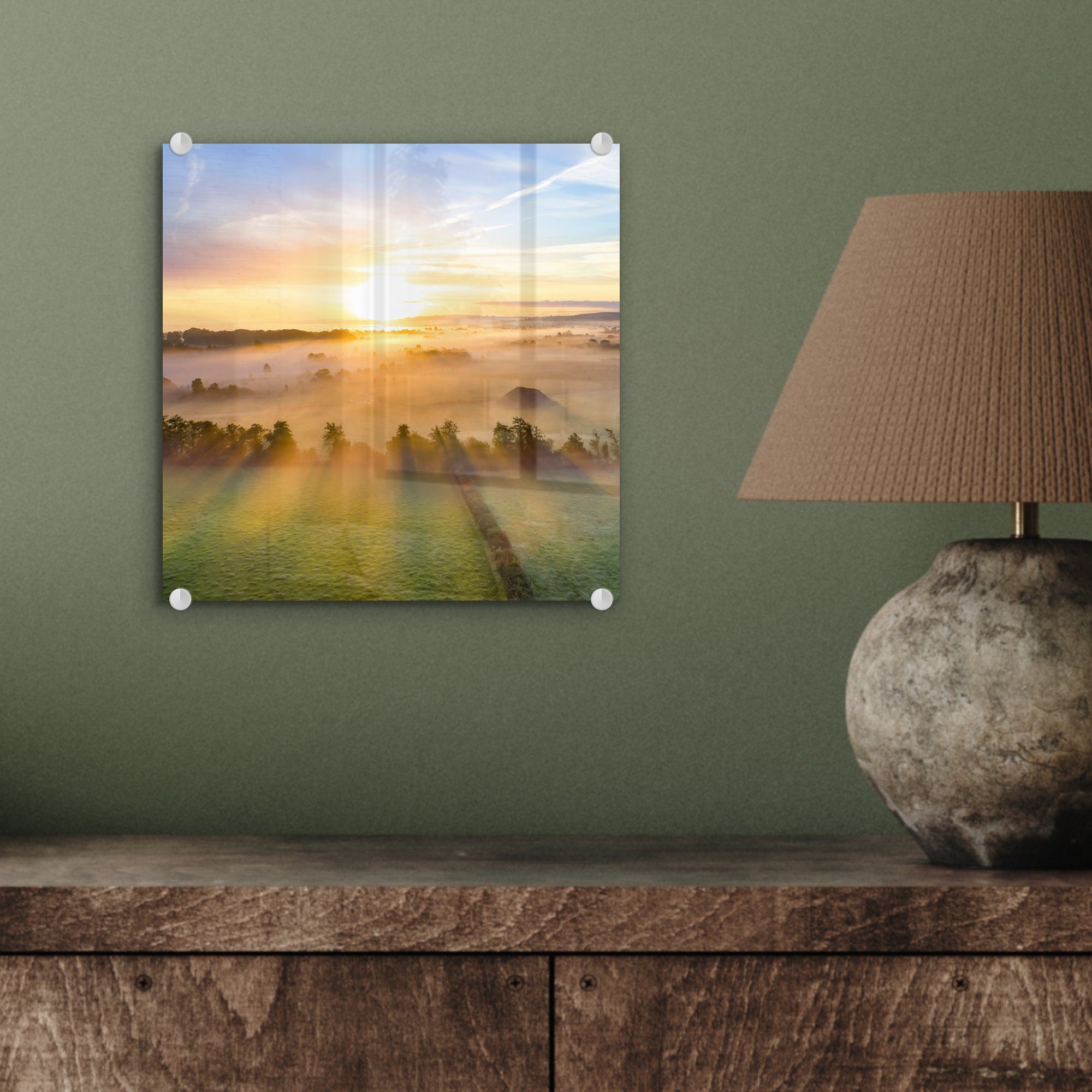 ruhigen Farbenfroher Wanddekoration MuchoWow (1 Bilder Acrylglasbild Glasbilder Wandbild Sonnenaufgang auf einer Glas über - auf Glas Landschaft, St), - - Foto