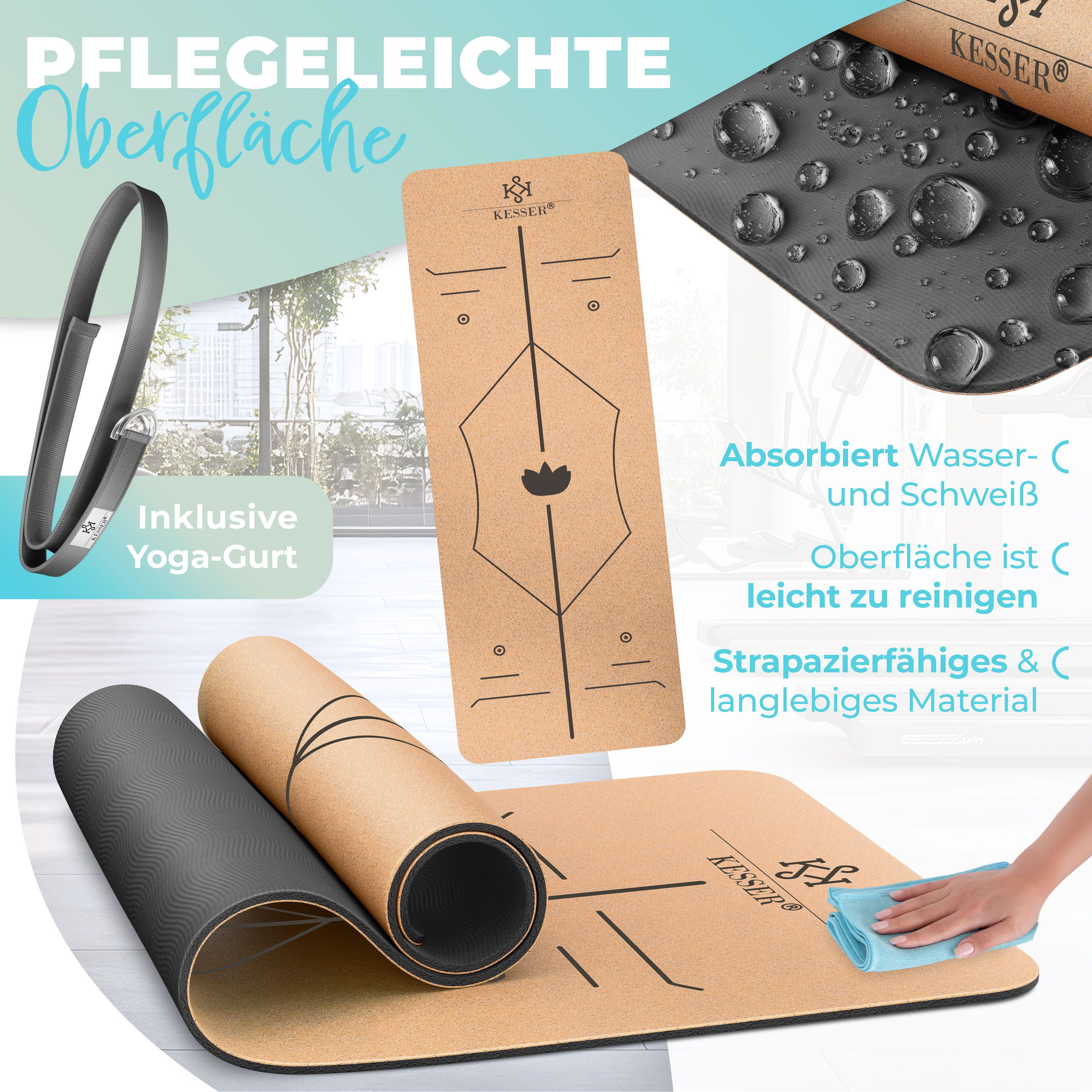 KESSER Yogamatte, Fitnessmatte Kork mit Tragegurt & Tasche Gymnastikmatte Trainingsmatte