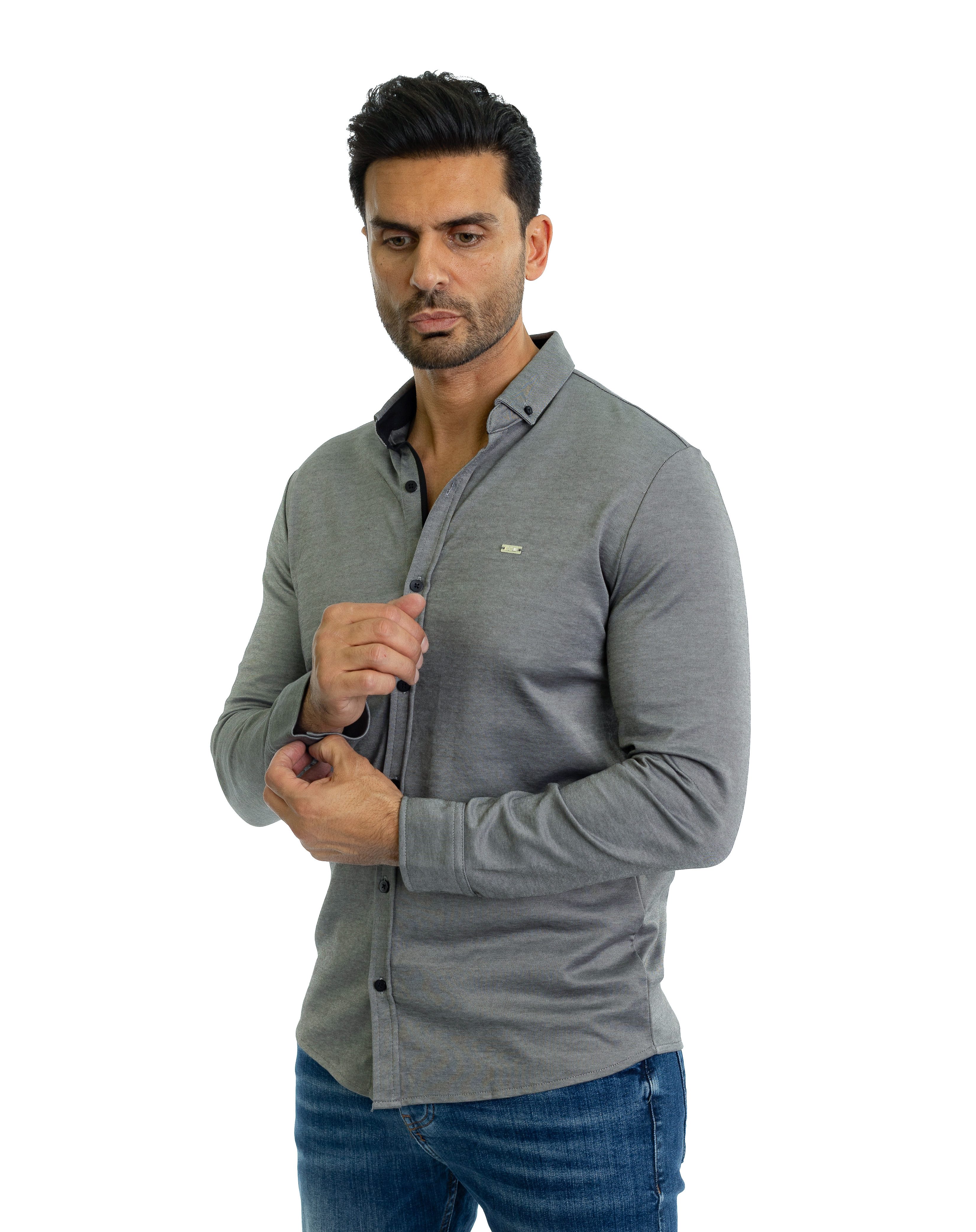 Denim Distriqt Langarmhemd Feines Herren Jersey Hemd mit Stretchanteil Grau günstig online kaufen