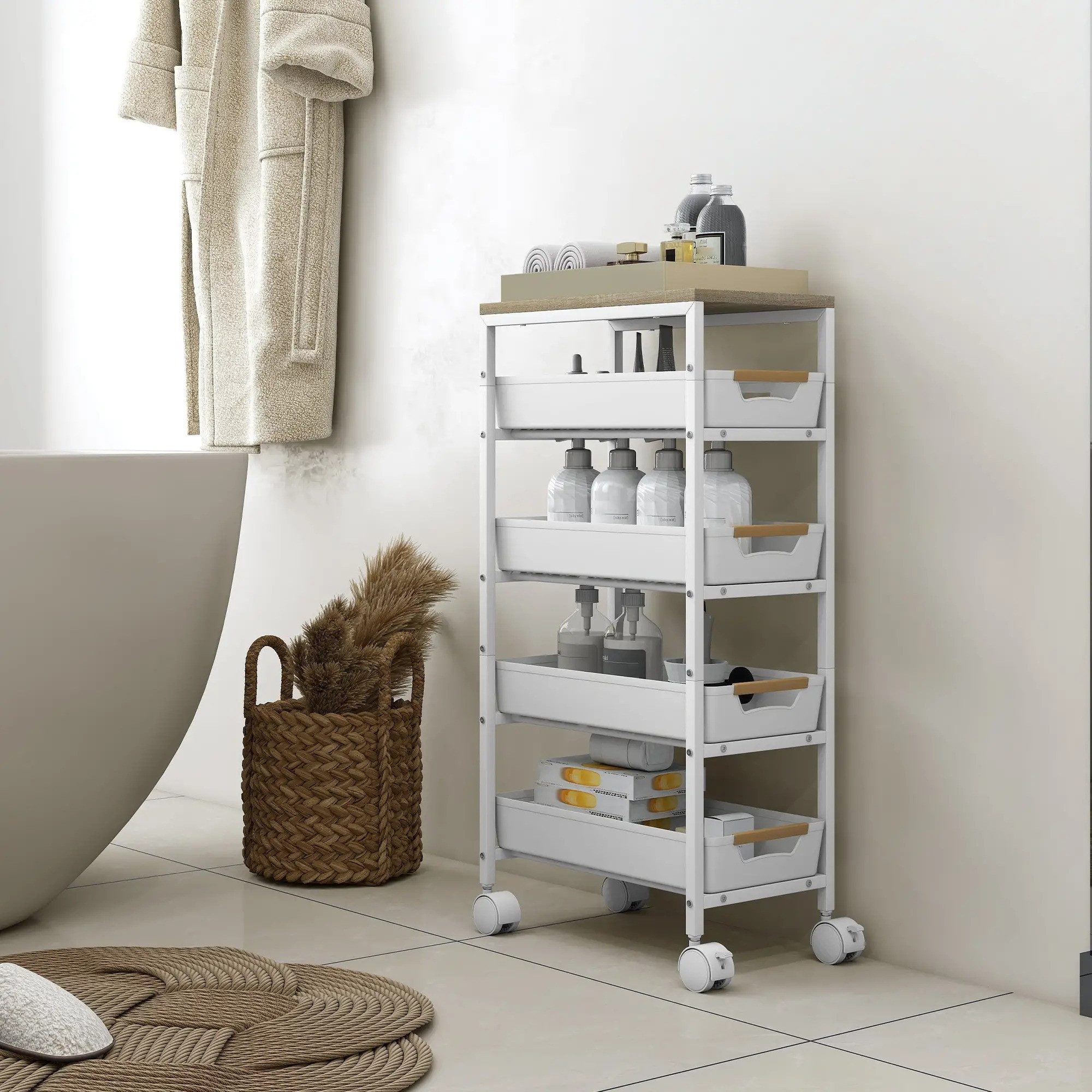 BlingBin Küchenwagen Aufbewahrungswagen aus Metall mit Holzplatte mit 4 Schubladen, (1er Set, 1 St., 39,5B x 24T x 82H cm), Rollcontainer für Küche, Wohnzimmer, Schlafzimmer, Büro