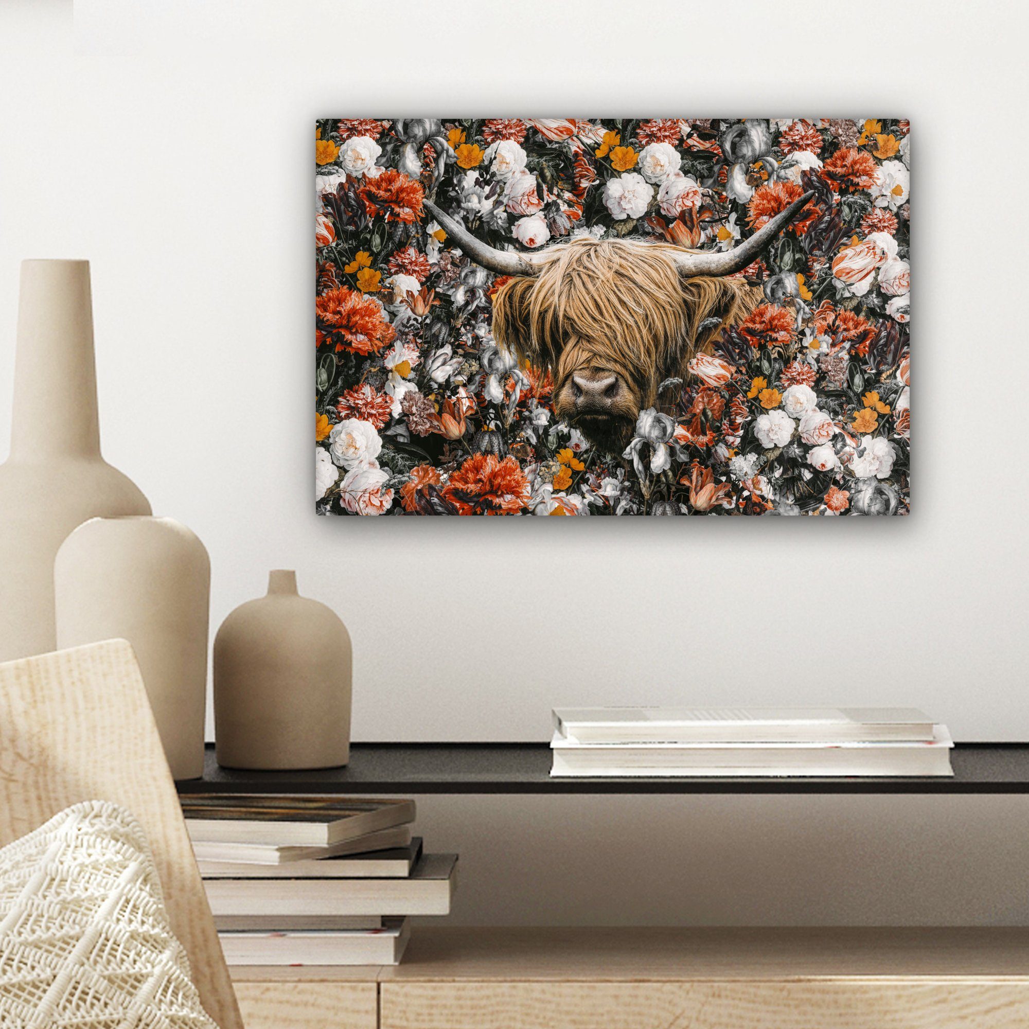 OneMillionCanvasses® Leinwandbild Schwarz 30x20 Leinwandbilder, - Wandbild Blumen (1 Weiß, Highlander cm - - Schottischer Wanddeko, Aufhängefertig, St)
