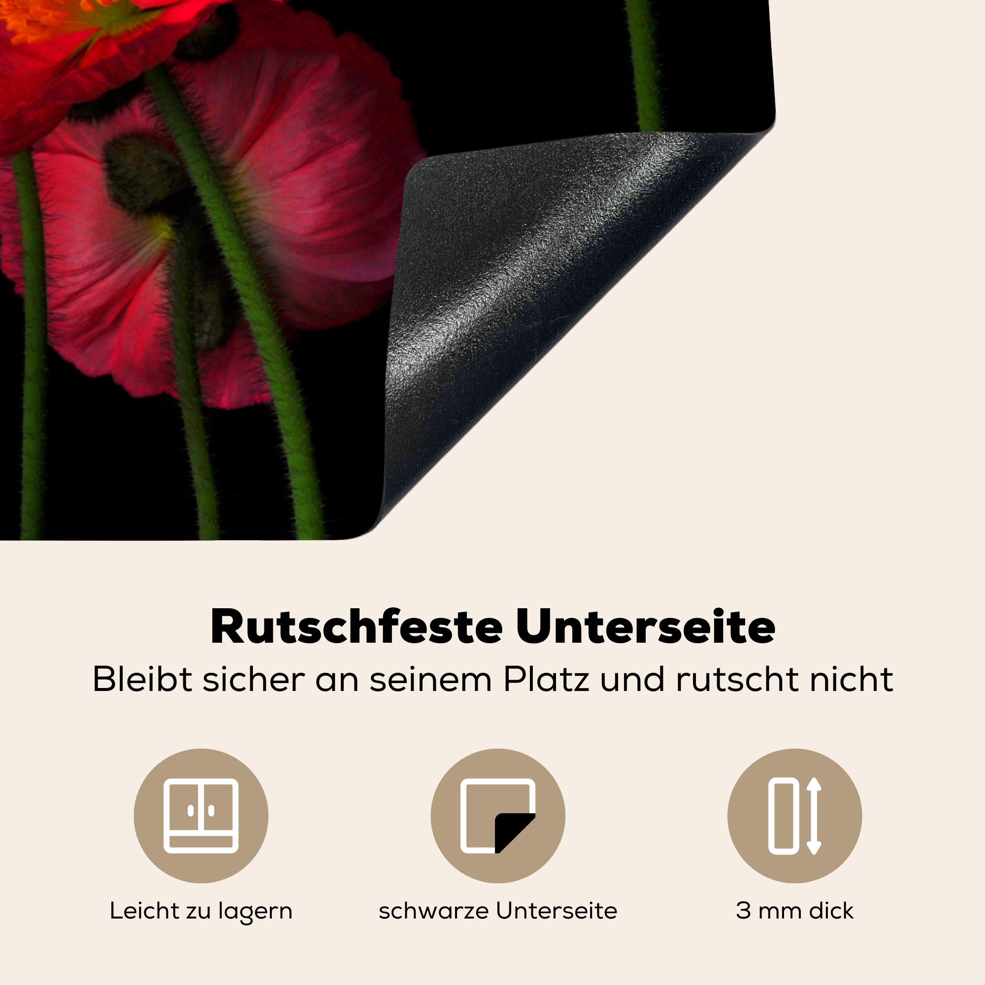 MuchoWow Herdblende-/Abdeckplatte Mohnblumen Induktionskochfeld isländischen Hintergrund, Ceranfeldabdeckung Vinyl, tlg), Schutz die schwarzem für (1 71x52 Die küche, cm, auf