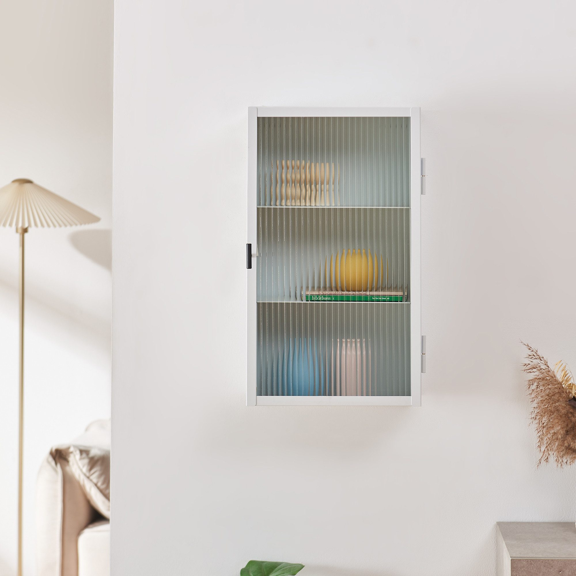 en.casa Hängeschrank »Zundert« 60 x 35 x 15 cm mit geriffelter Glastür Stahl Weiß – Bild 3 von 5