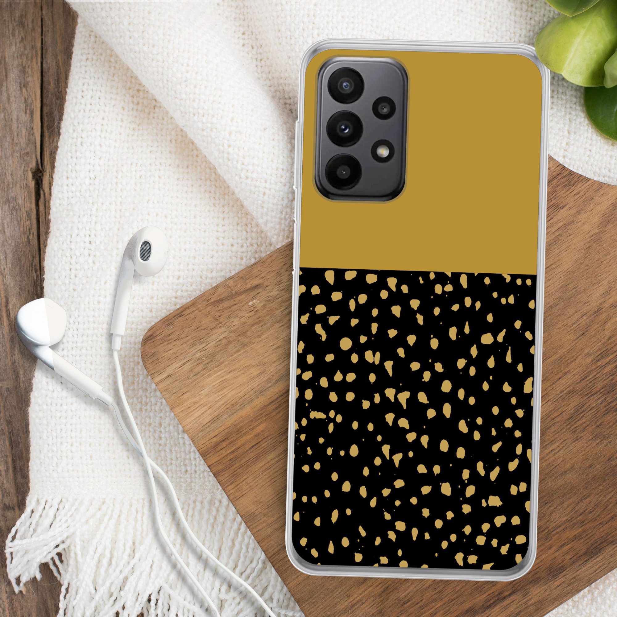MuchoWow Handyhülle für Samsung Galaxy A23 5G Polka dots - Ockergelb - Schwarz, Smartphone-Bumper, Print, Handy Schutzhülle Dünn