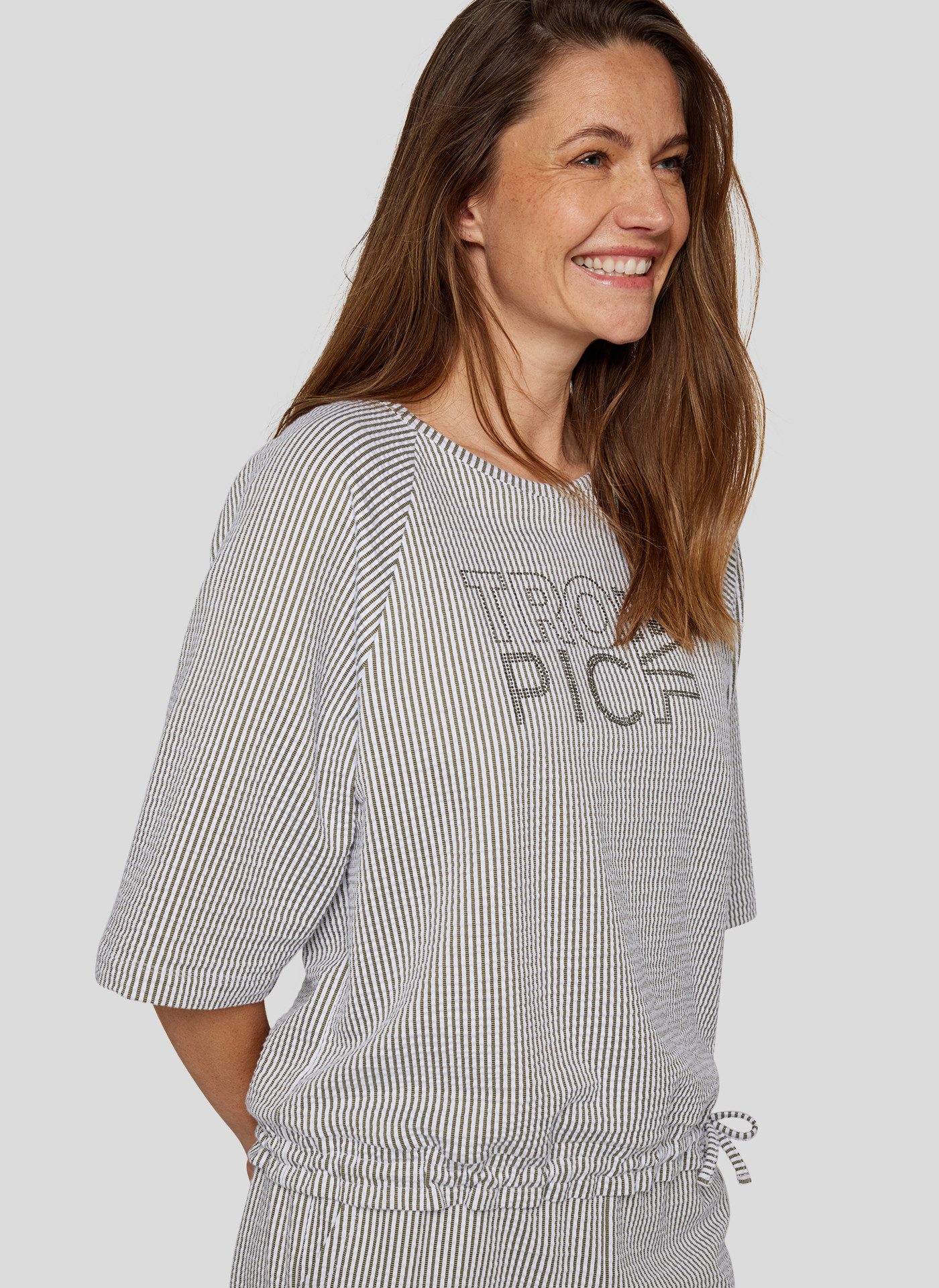 Rabe Kurzarmshirt im Streifen-Look und mit Bindung am Saum