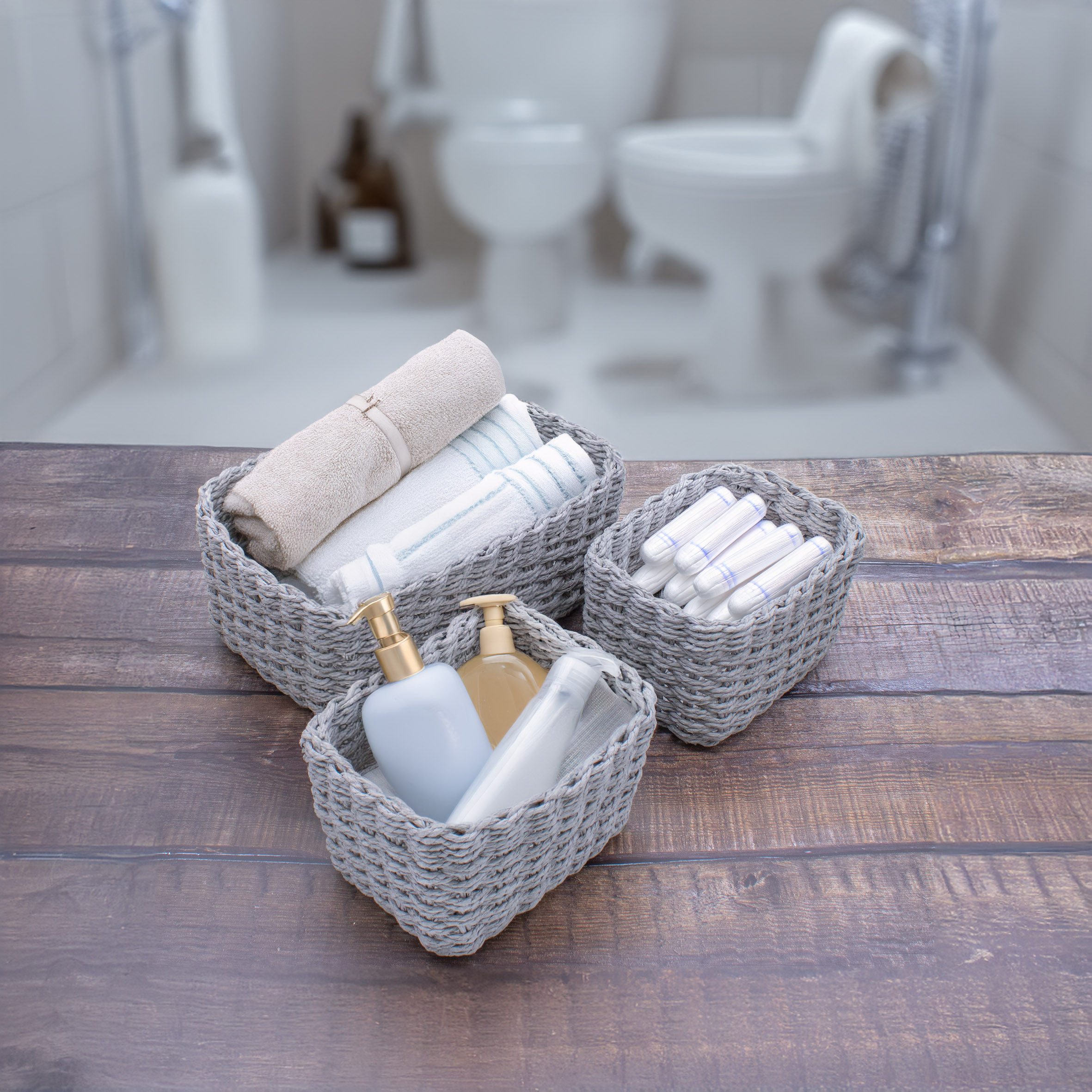 Spetebo Aufbewahrungskorb Deko Aufbewahrungs Körbchen in grau - 3er Set (Set, 1 St., 3tlg), Rattan Allzweck Flechtkorb aus Papier – Bild 5 von 5