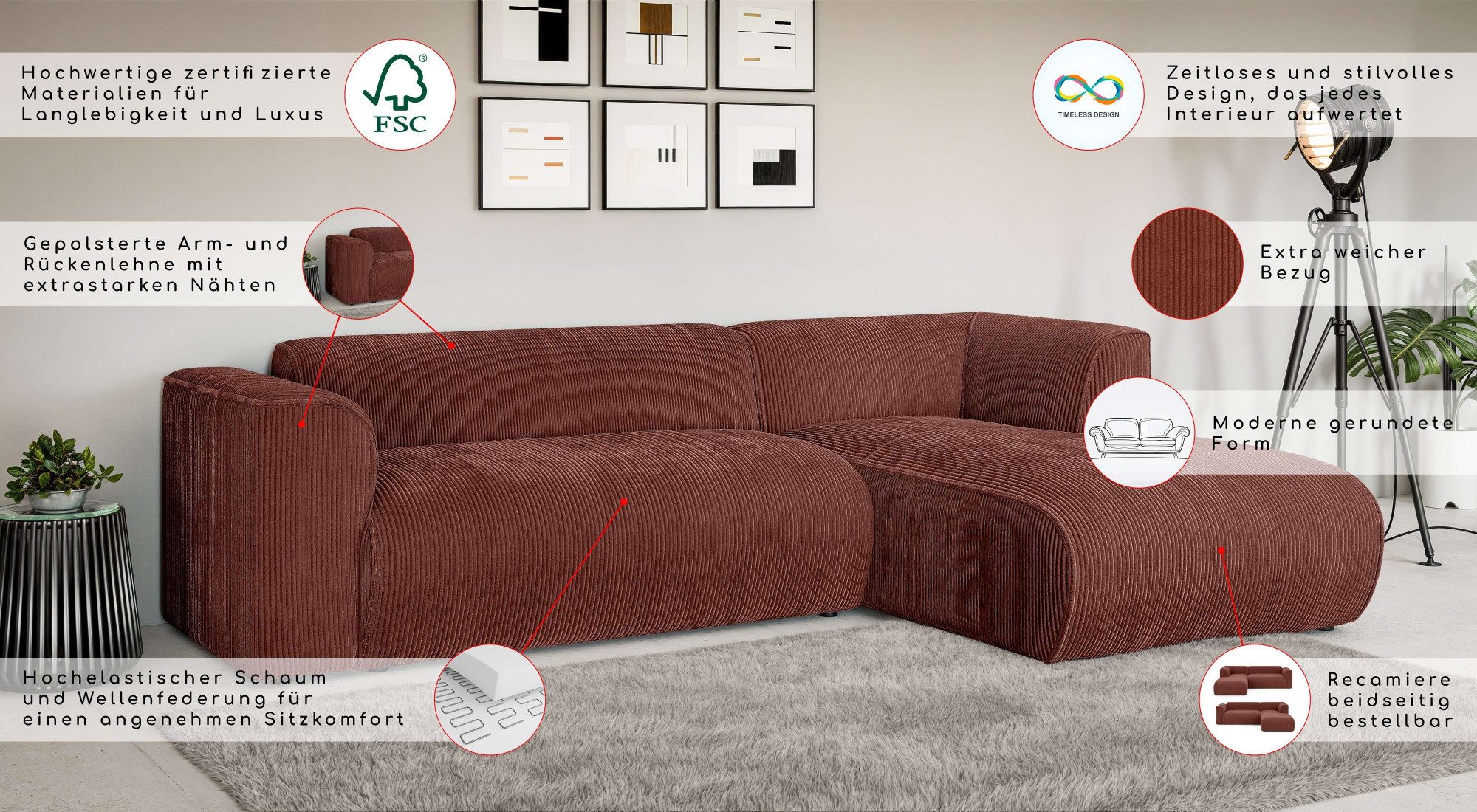 Home affaire Ecksofa GENTON L-Form (257 cm), zeitlos & stilvolles Design, Aufwendig gepolstert, in Cord, Chenille und Struktur