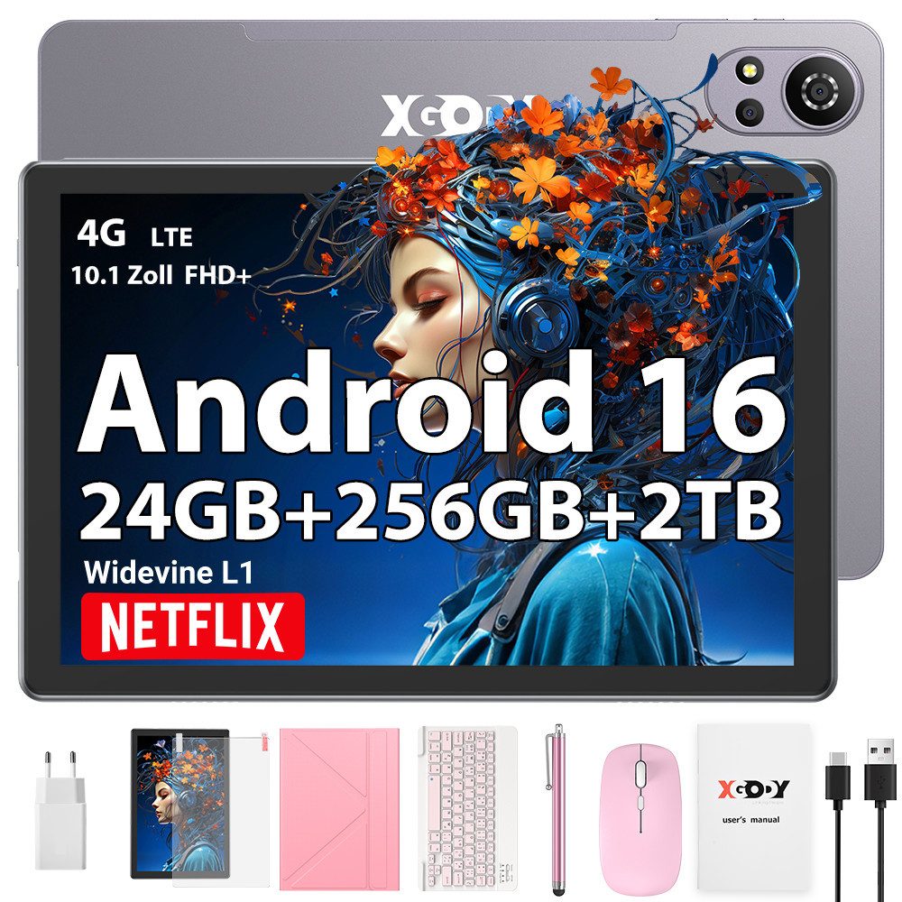XGODY N05 Pro VIP (2SIM-4GLTE) mit Tastatur, Ledertasche und Ladegerät Tablet (10.1", 256 GB, Android 16, 2G (GSM), 3G (WCDMA), 4G (LTE), WLAN, SIM-Kartenslot, Gesichtserkennung, Ledertasche für Tastatur)