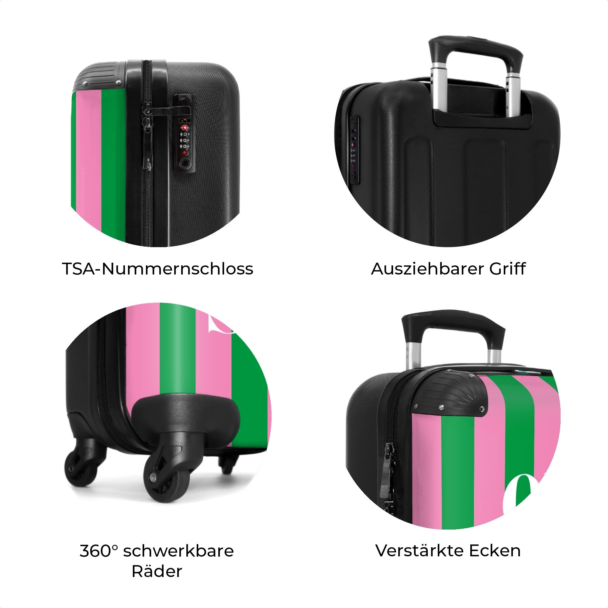 NoBoringSuitcases.com© Hartschalen-Trolley Grüne und rosa Streifen mit dem Spruch 'que sera sera' 55x35x20cm, 4 Rollen, Handgepäck Koffer & Trolleys, Luggage, Reisekoffer Frauen