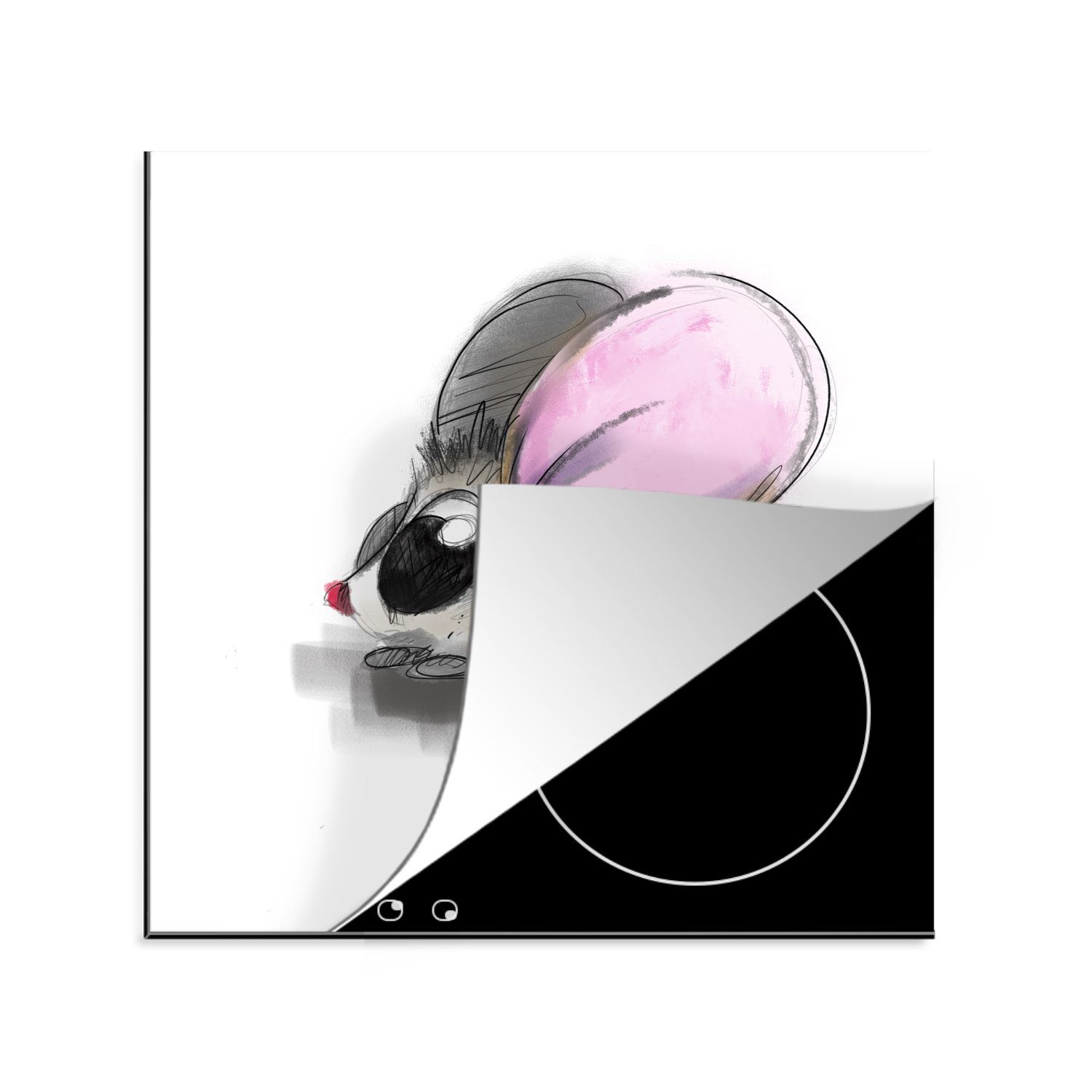 MuchoWow Herdblende-/Abdeckplatte Illustration einer Vinyl, Arbeitsplatte cm, für Ohren, Ceranfeldabdeckung, (1 78x78 mit kleinen küche Maus tlg), rosa
