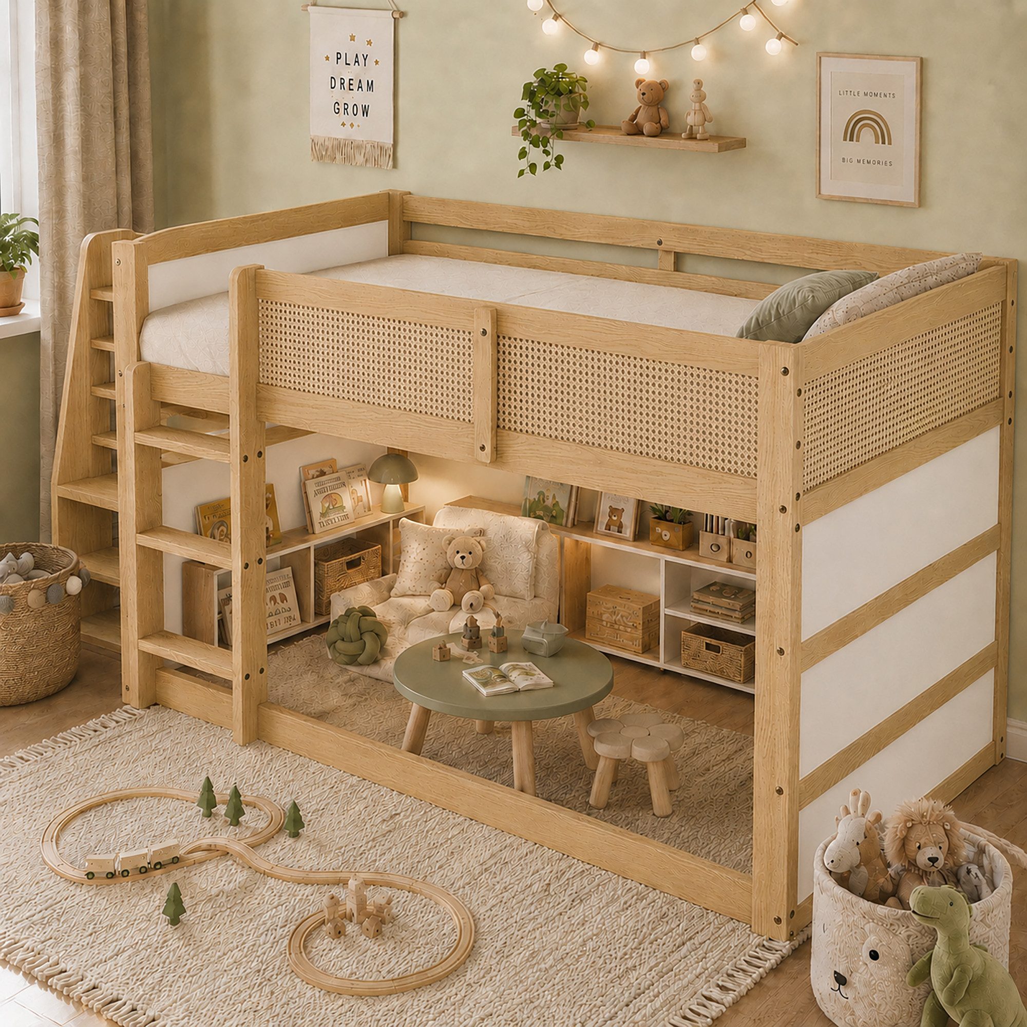 TavilaEcon Hochbett Kinderbett mit dreistufige Treppe, Ablage und LED-Lichtleiste (1-St) im modernes Rattan-Design, 90×200cm, Natur+Weiß