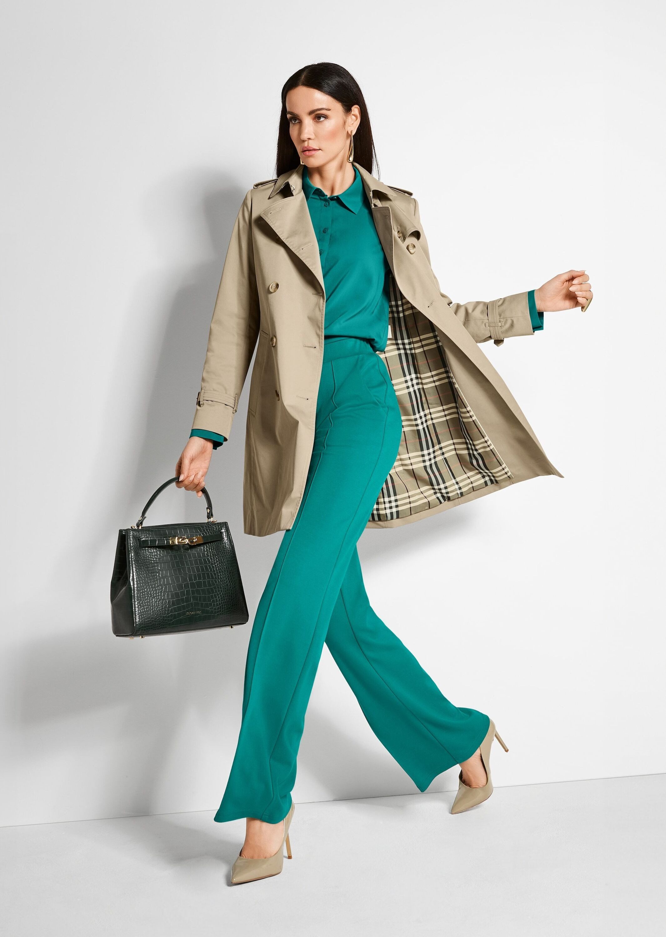 MADELEINE Trenchcoat Langarm Trenchcoat mit Bindegürtel Zweireihiger Kurzmantel mit Karofutter und Gürtel, Hemdkragen