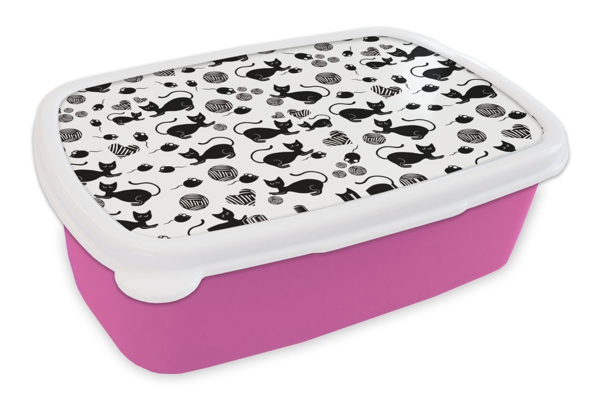 MuchoWow Lunchbox Mädchen - Katze - Maus - Muster - Mädchen - Kinder - Kinder - Mädchen, Kunststoff, (2-tlg), Brotbox für Erwachsene, Brotdose Kinder, Snackbox, Mädchen, Kunststoff rosa