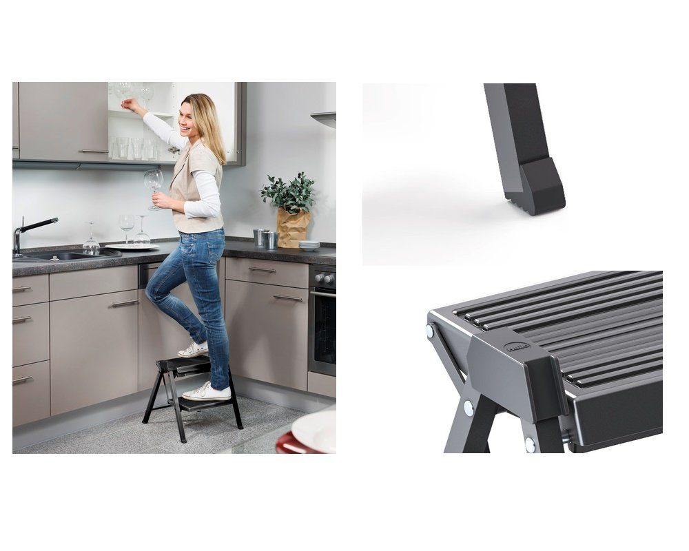 Hailo Klapptritt Step Fix 4410001 Trittleiter 2 stufig Klapptritt Küchenleiter, klappbare Steighilfe für die Küche