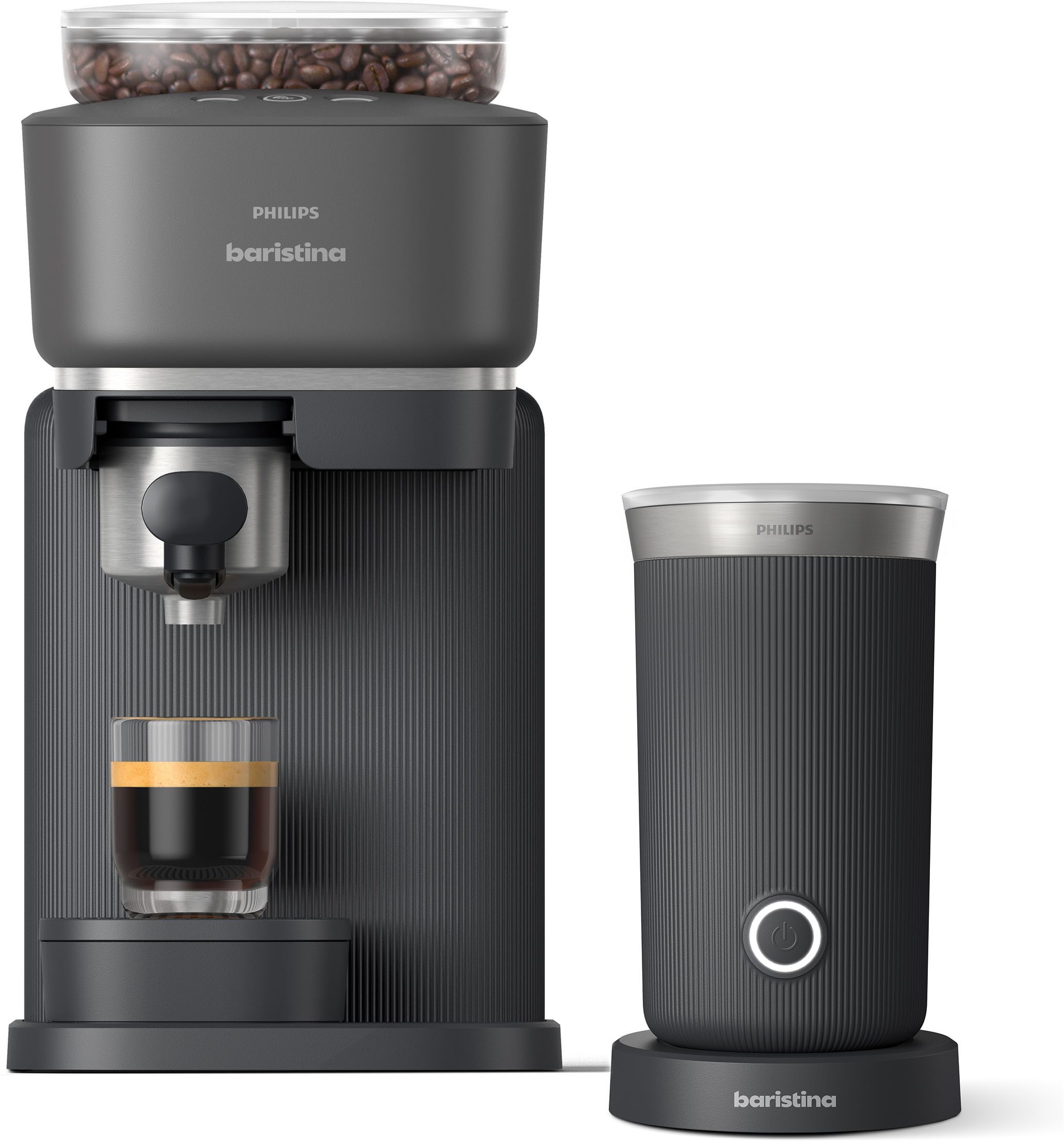 PHILIPS baristina Espressomaschine BAR308/60 mit Mahlwerk für ganze Bohnen, Milchaufschäumer inkl., 16 bar Pumpendruck, Schwarzgrau