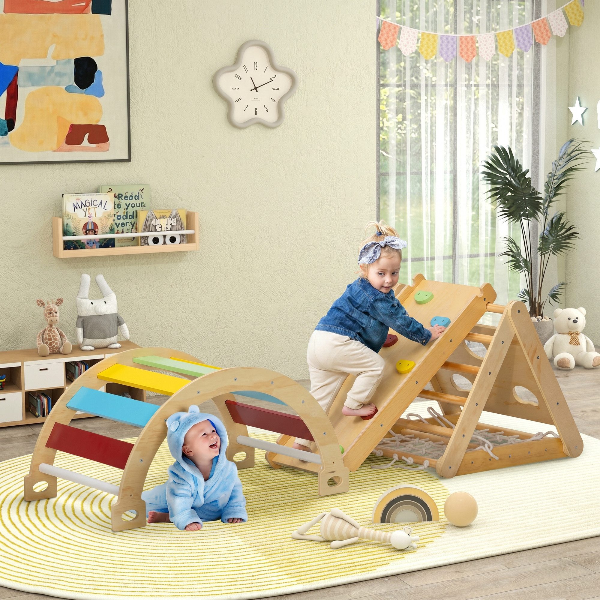 AIYAPLAY Klettergerüst Kletterbogen, Rutsche, Rampe, Kletternetz, Kletterstein, (7 in 1 Kletterdreieck, 1-St., Indoor Spielplatz aus Holz), für Kinder von 1,5-4 Jahre, Mehrfarbig