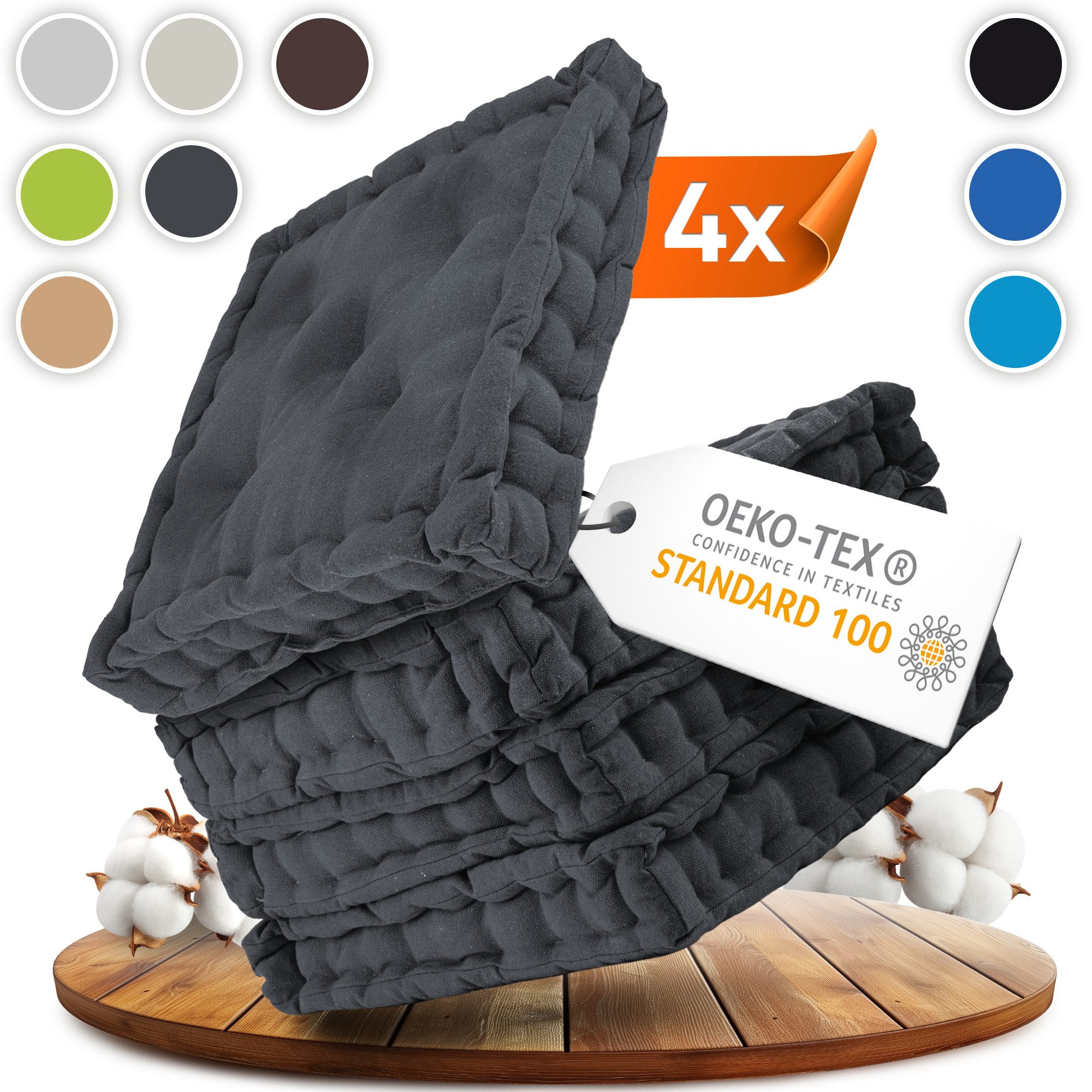 Gräfenstayn Sitzkissen 4er-Set in 40x40cm und 8cm dicker Polsterung aus 100% Baumwolle, robustes Sitzkissen für Indoor & Outdoor, bequemes Bodenkissen