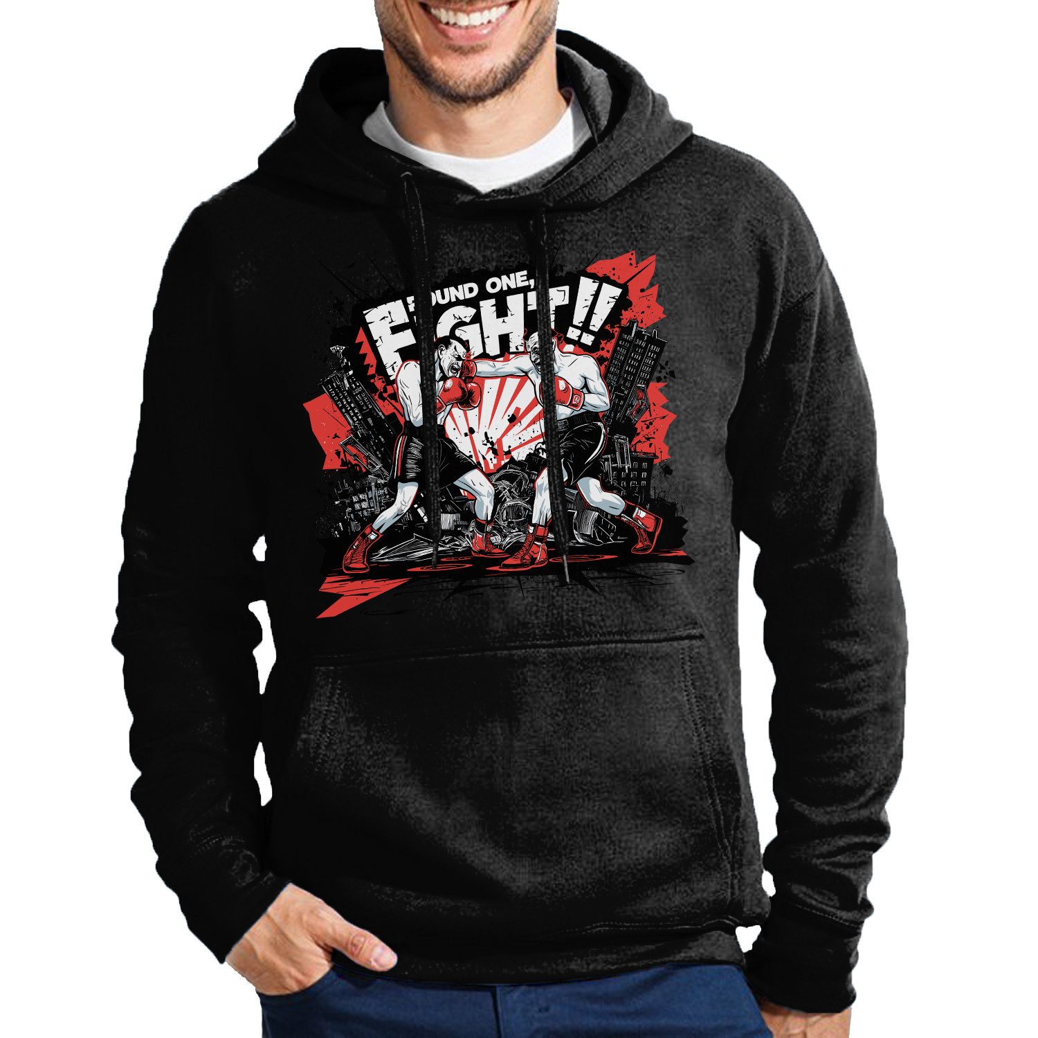 Blondie & Brownie Hoodie RoundOneFight H Hoodie Herren Hoodie Boxer Motiv Streetwear Look (Einzelprodukt, Einzelartikel) Round One Fight H Hoodie Urban Kampfstil