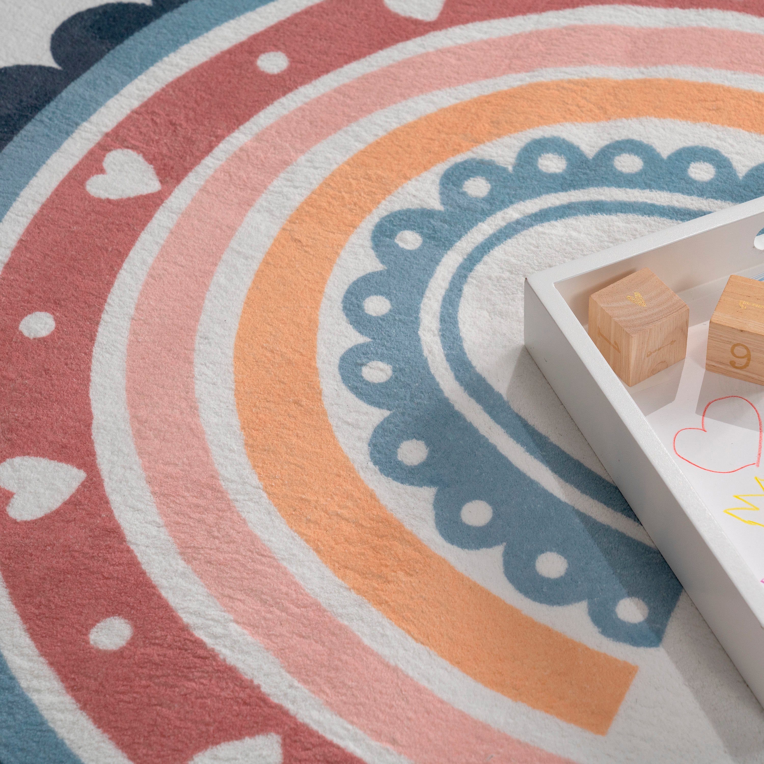 Paco Home Kinderteppich Eliz 392, rechteckig, Höhe: 12 mm, Kurzflor, Spielteppich, Patchwork-Muster, Motiv Punkte & Regenbogen