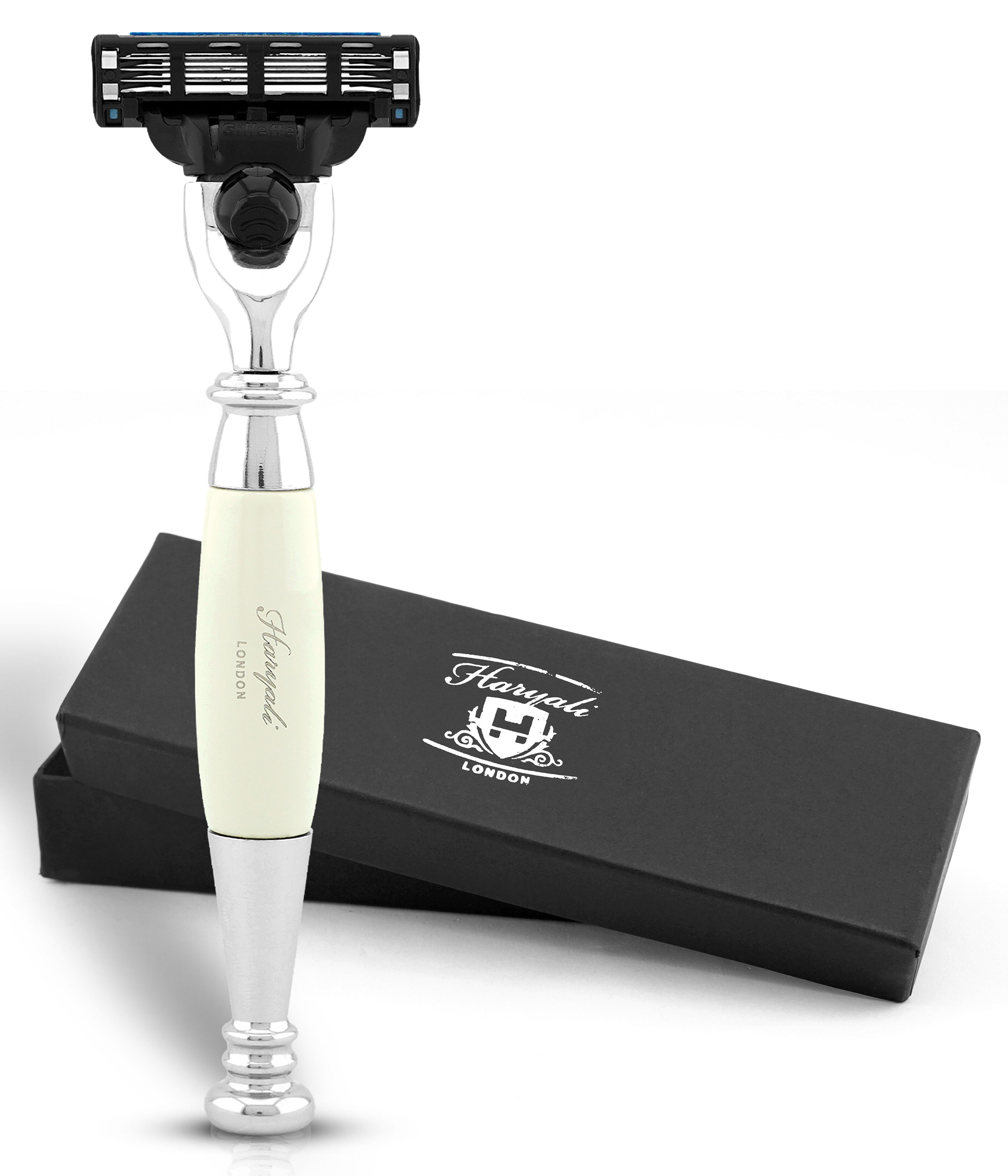 Haryali London Nassrasierer 3-Klingen-Rasierer für Unisex, Luxus, Gesichtsrasierer Elfenbein, Pack, Abnehmbarer, verstellbarer Systemrasierer mit Griff aus Messingharz., Abwaschbarer, rutschfester Griff. Passt auf alle Mach 3-Rasierer.