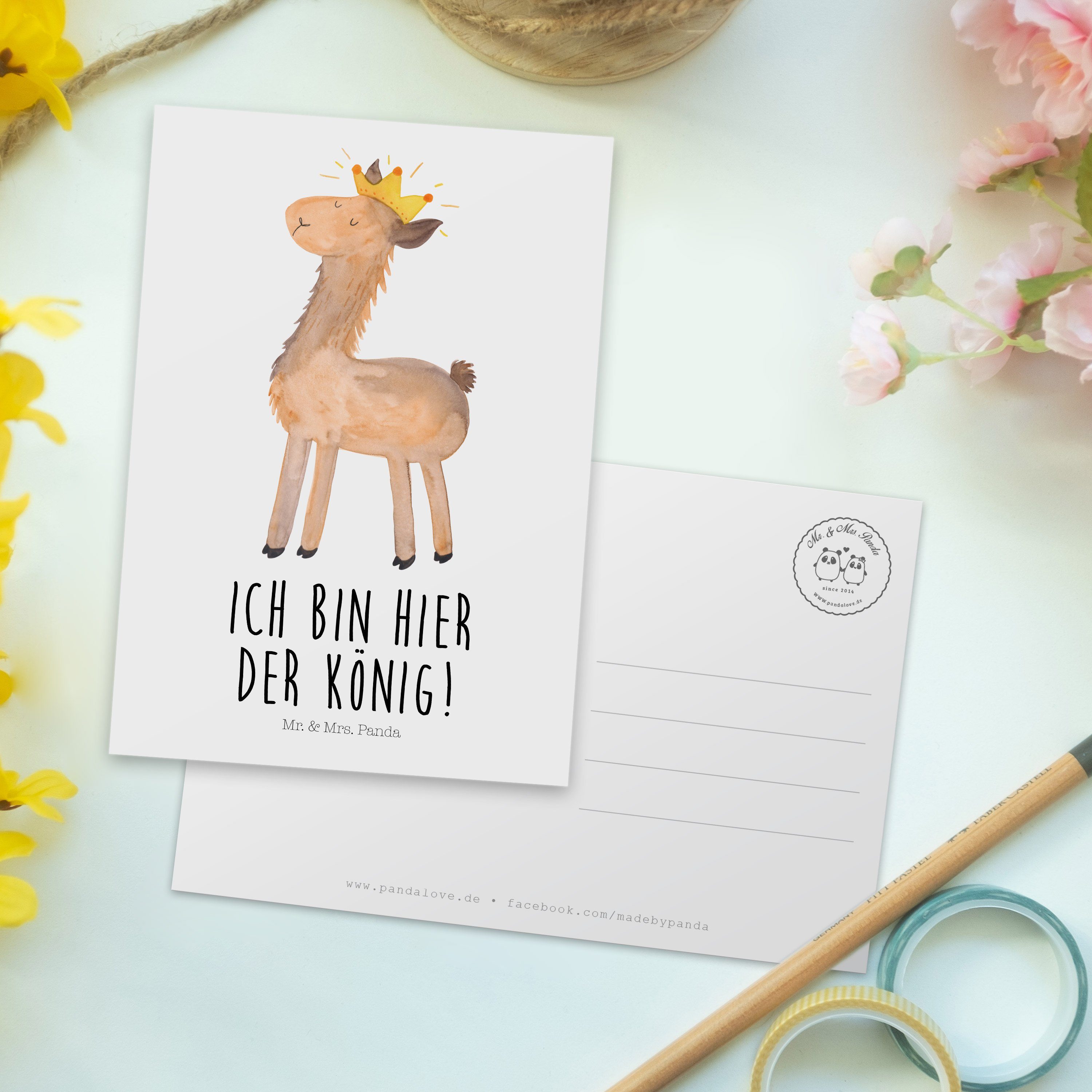 Mr. & Mrs. Panda Abitur, Weiß König - Ansichtskarte, Postkarte Geschenk, Kollege, Lama - Ei Büro